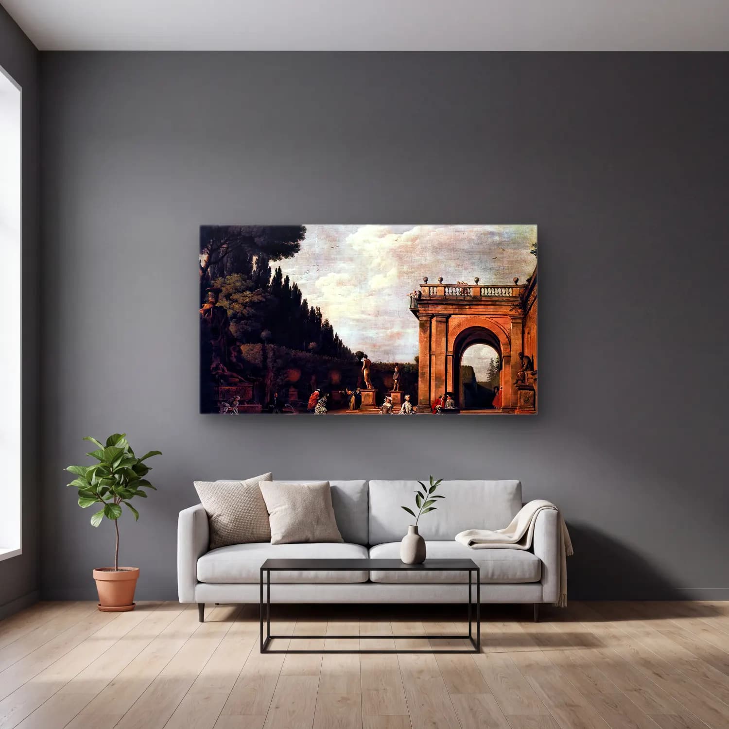 Claude-Joseph Vernet – View in the Park of the Villa Ludovisi in Rome cam tablo — gri duvarlı salonda