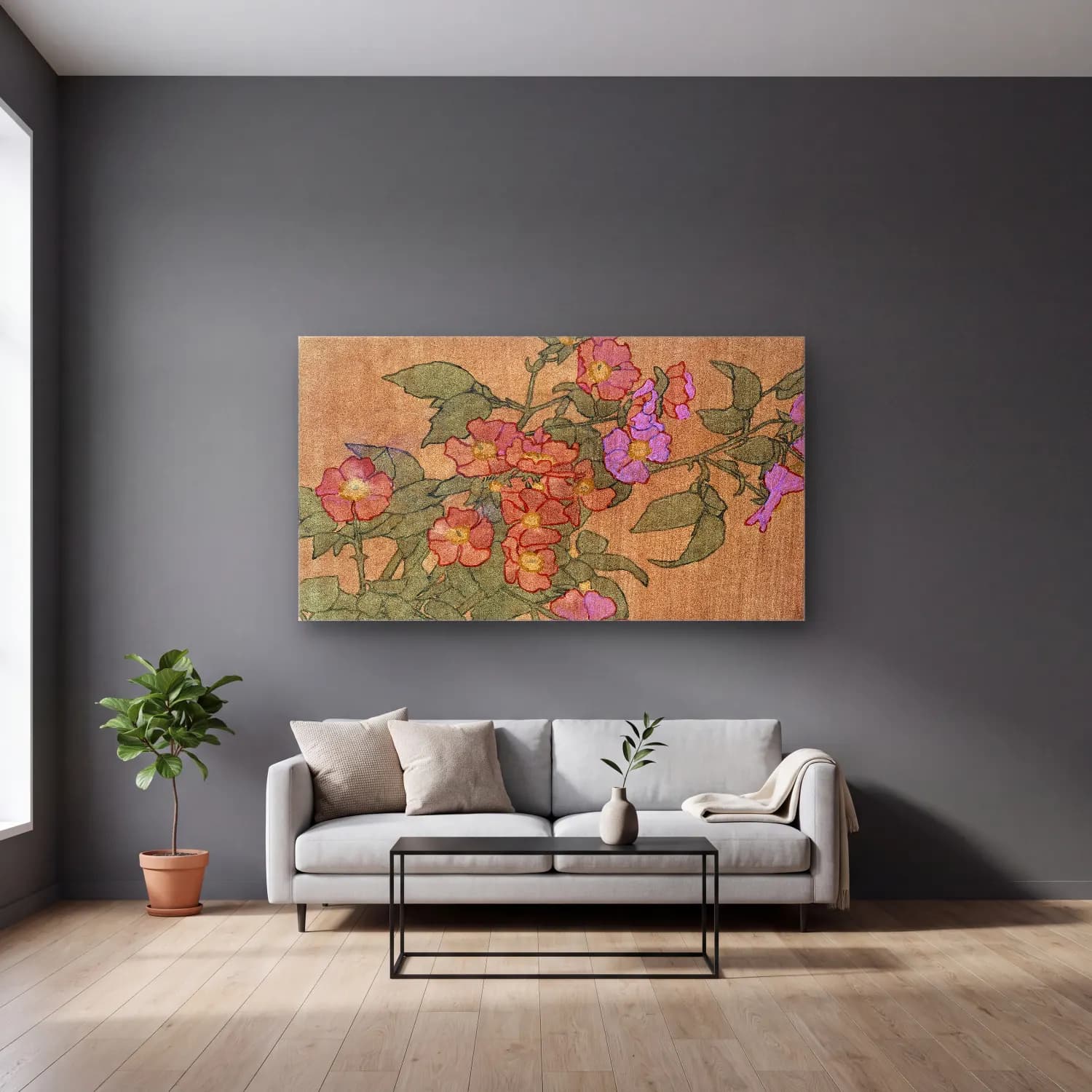 Hannah Borger Overbeck – Pink Roses on Terracotta Color Ground cam tablo — gri duvarlı salonda