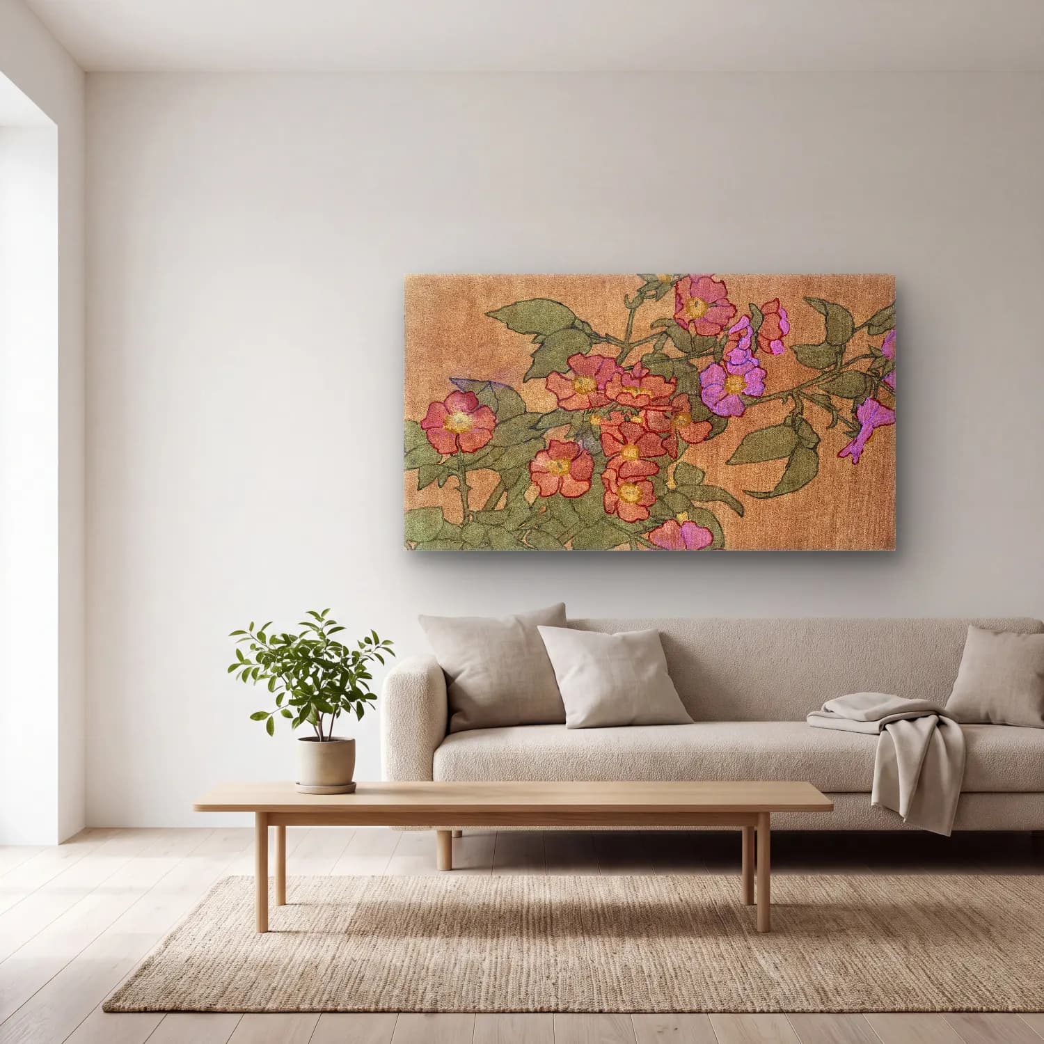 Hannah Borger Overbeck – Pink Roses on Terracotta Color Ground cam tablo — açık renk salonda
