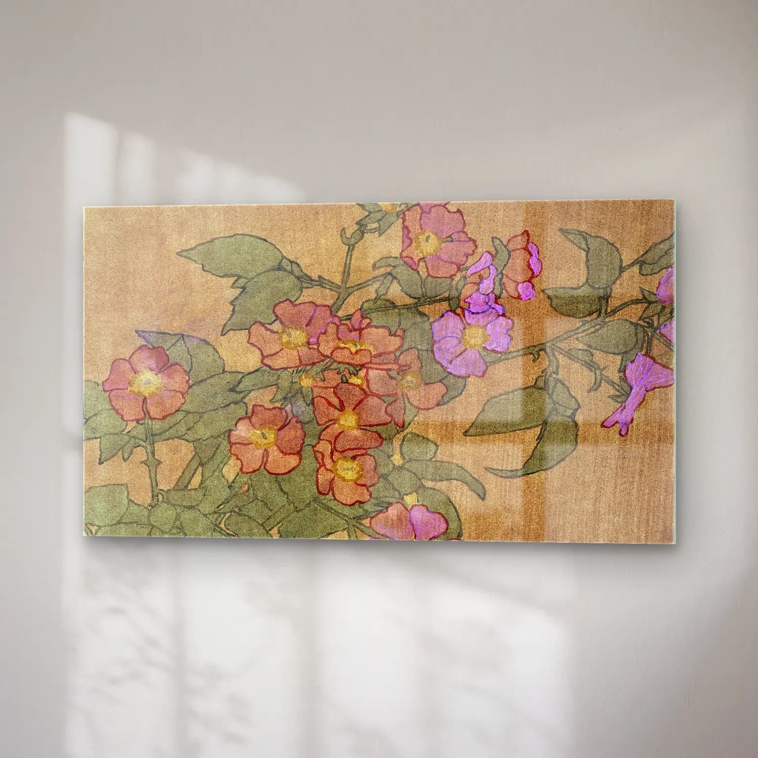 Hannah Borger Overbeck – Pink Roses on Terracotta Color Ground cam tablo — sağ açıdan görünüm