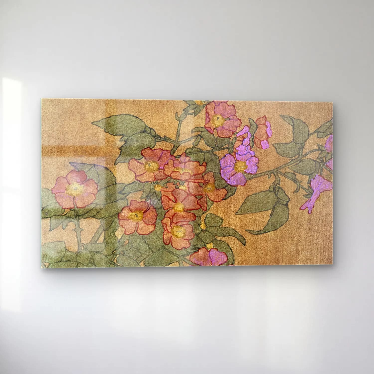 Hannah Borger Overbeck – Pink Roses on Terracotta Color Ground cam tablo — sol açıdan görünüm