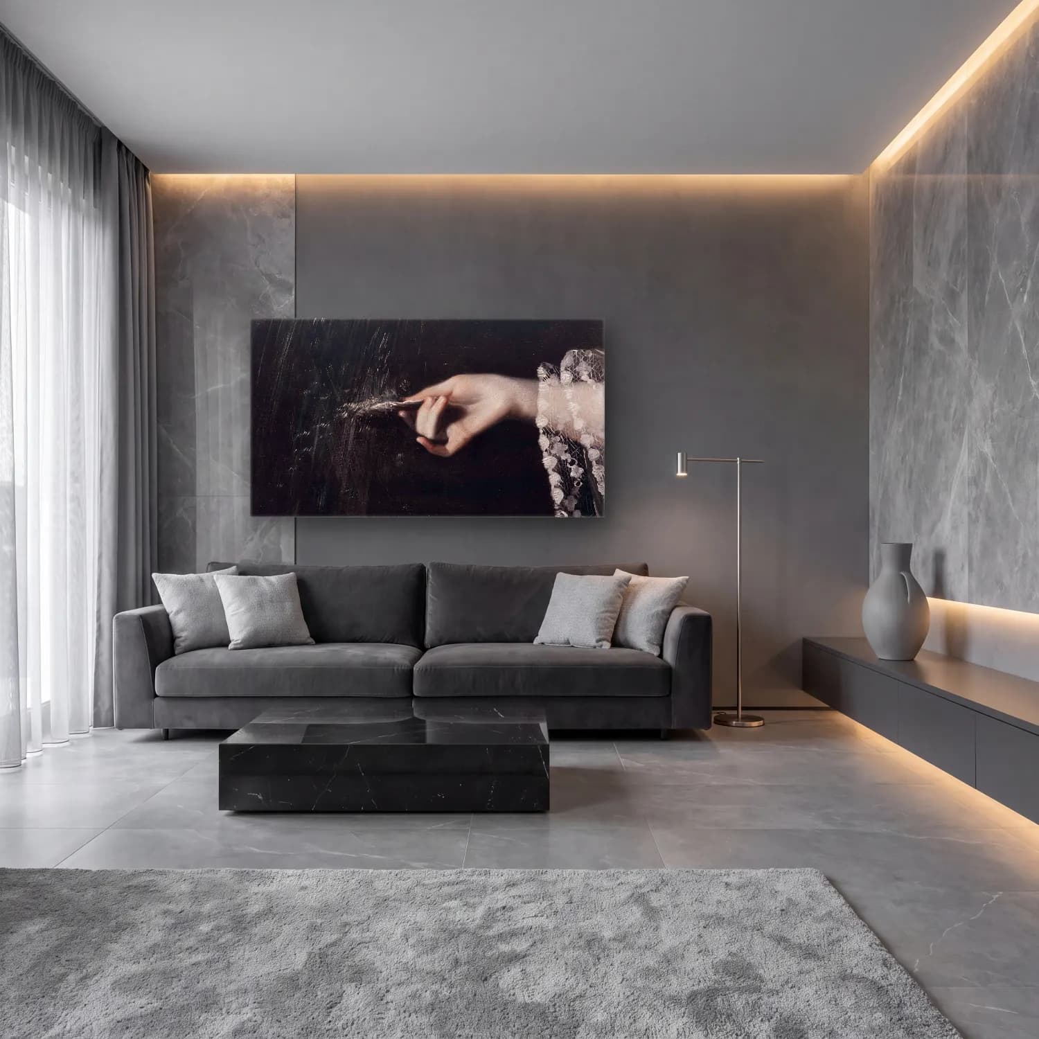Yağlı Boya Eller – Siyah Beyaz Tonlar cam tablo — lüks salon duvarında