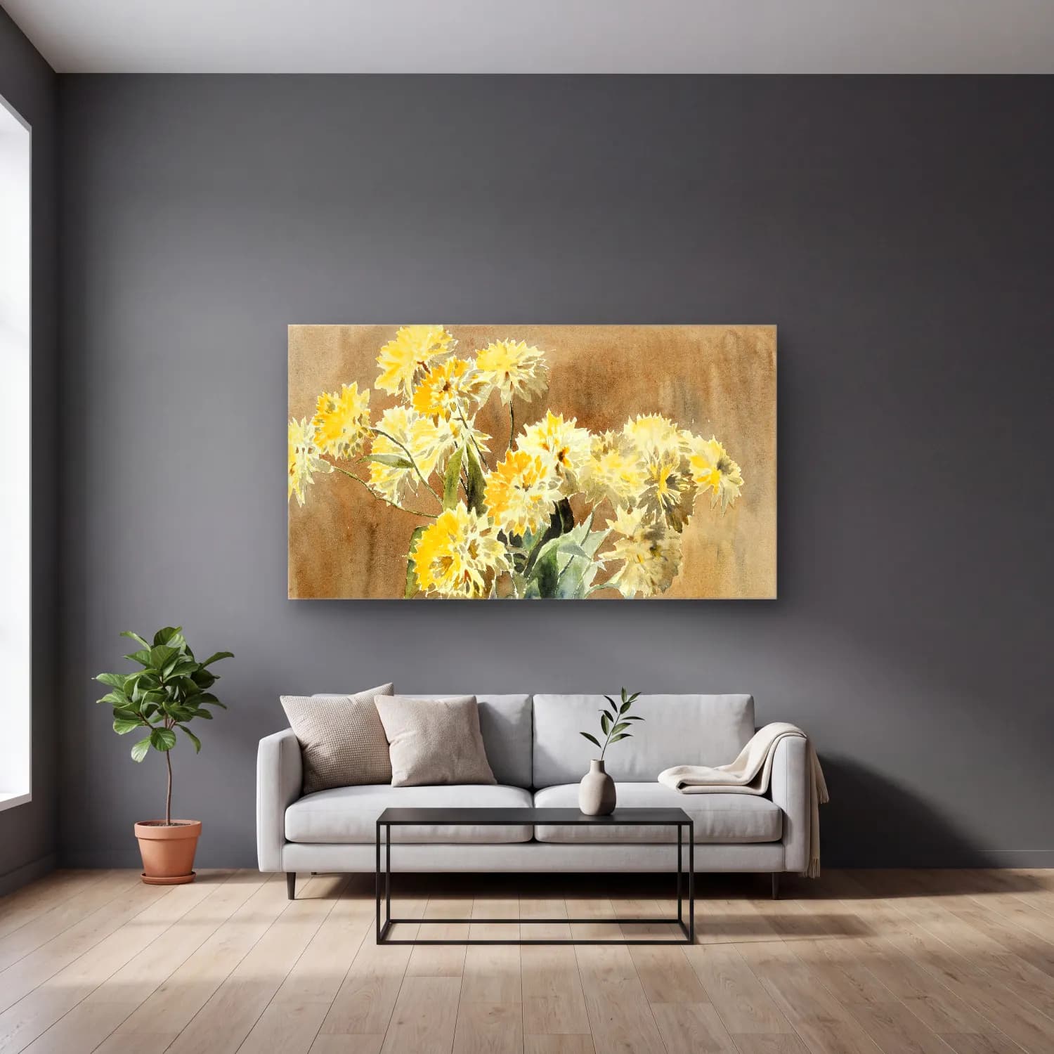 Hannah Borger Overbeck – Vase with Yellow Flowers cam tablo — gri duvarlı salonda