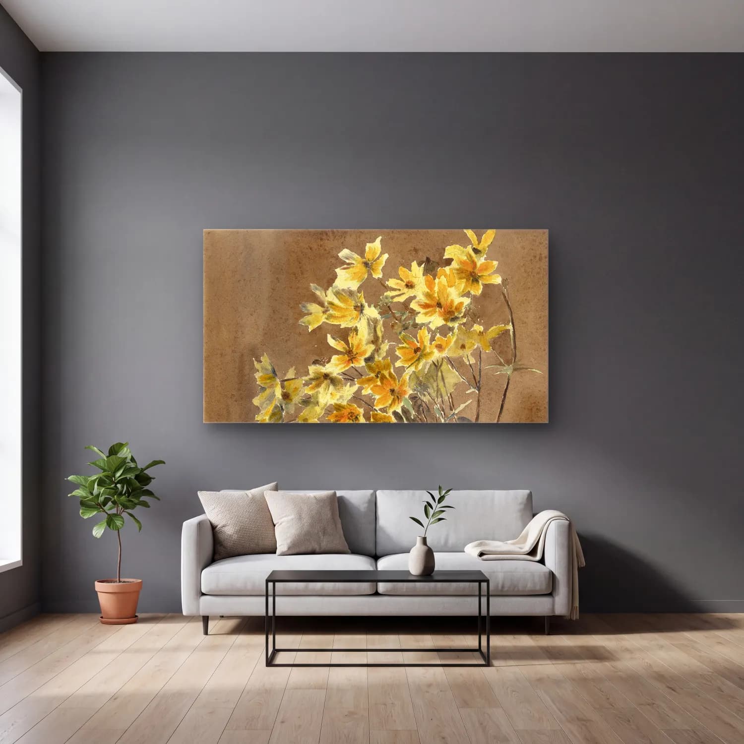 Hannah Borger Overbeck – Yellow Flower with Border cam tablo — gri duvarlı salonda