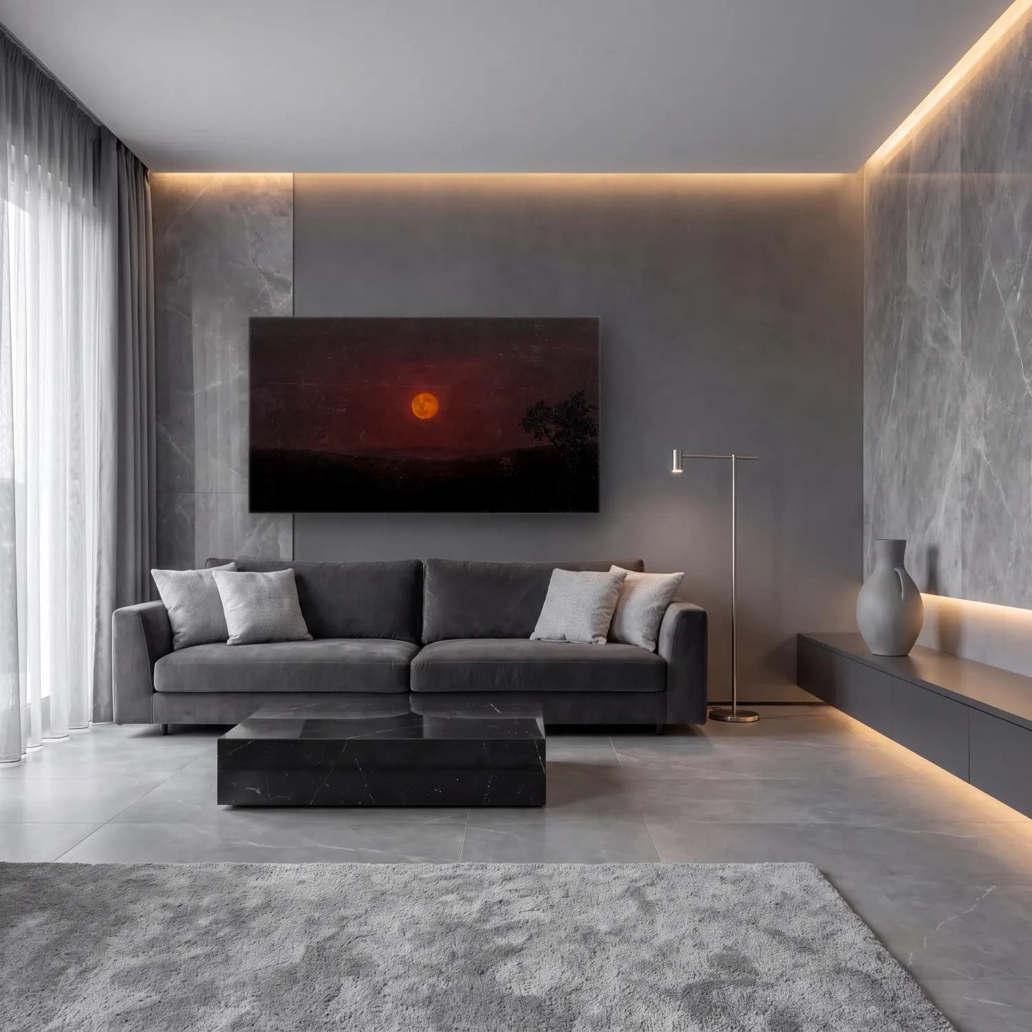 Yağlı Boya Ay ve Gece – Turuncu Tonlar cam tablo — lüks salon duvarında