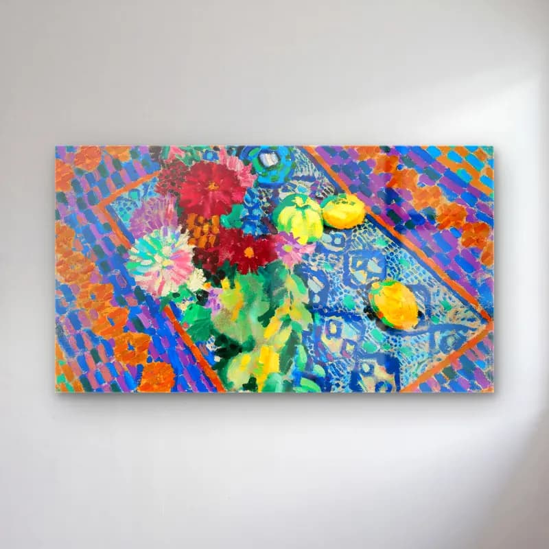 Robert Delaunay – Nature Morte Aux Gants – Mavi Tonlar cam tablo — Robert Delaunay – Nature Morte Aux Gants – Mavi Tonlar — maksimalist çiçek deseni