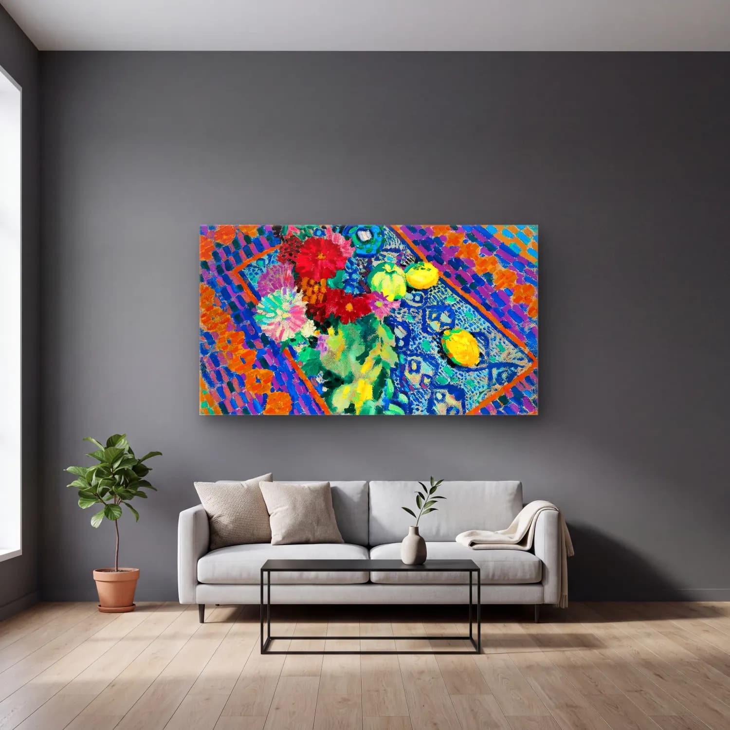 Robert Delaunay – Nature Morte Aux Gants – Mavi Tonlar cam tablo — gri duvarlı salonda