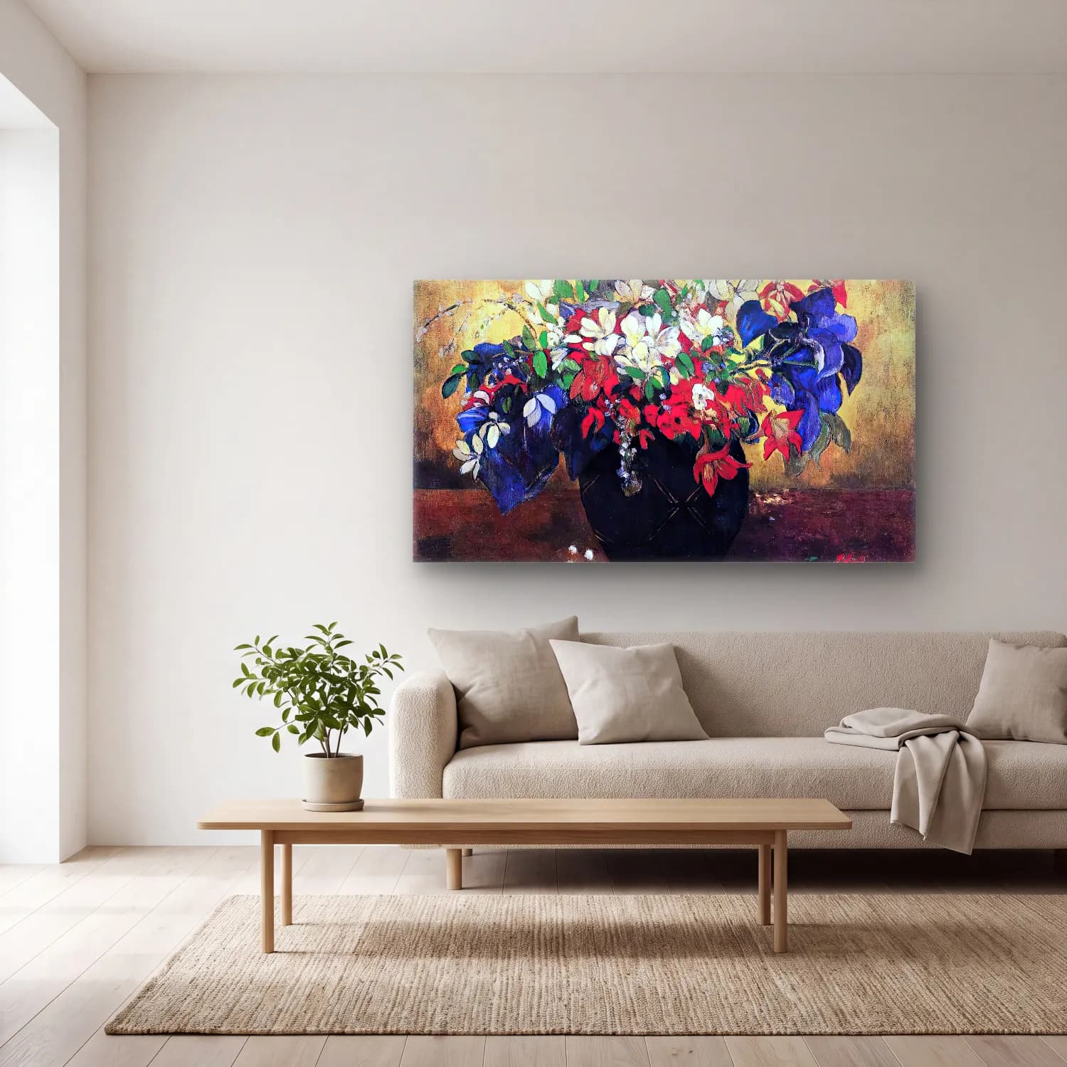 Paul Gauguin – A Vase of Flowers cam tablo — açık renk salonda