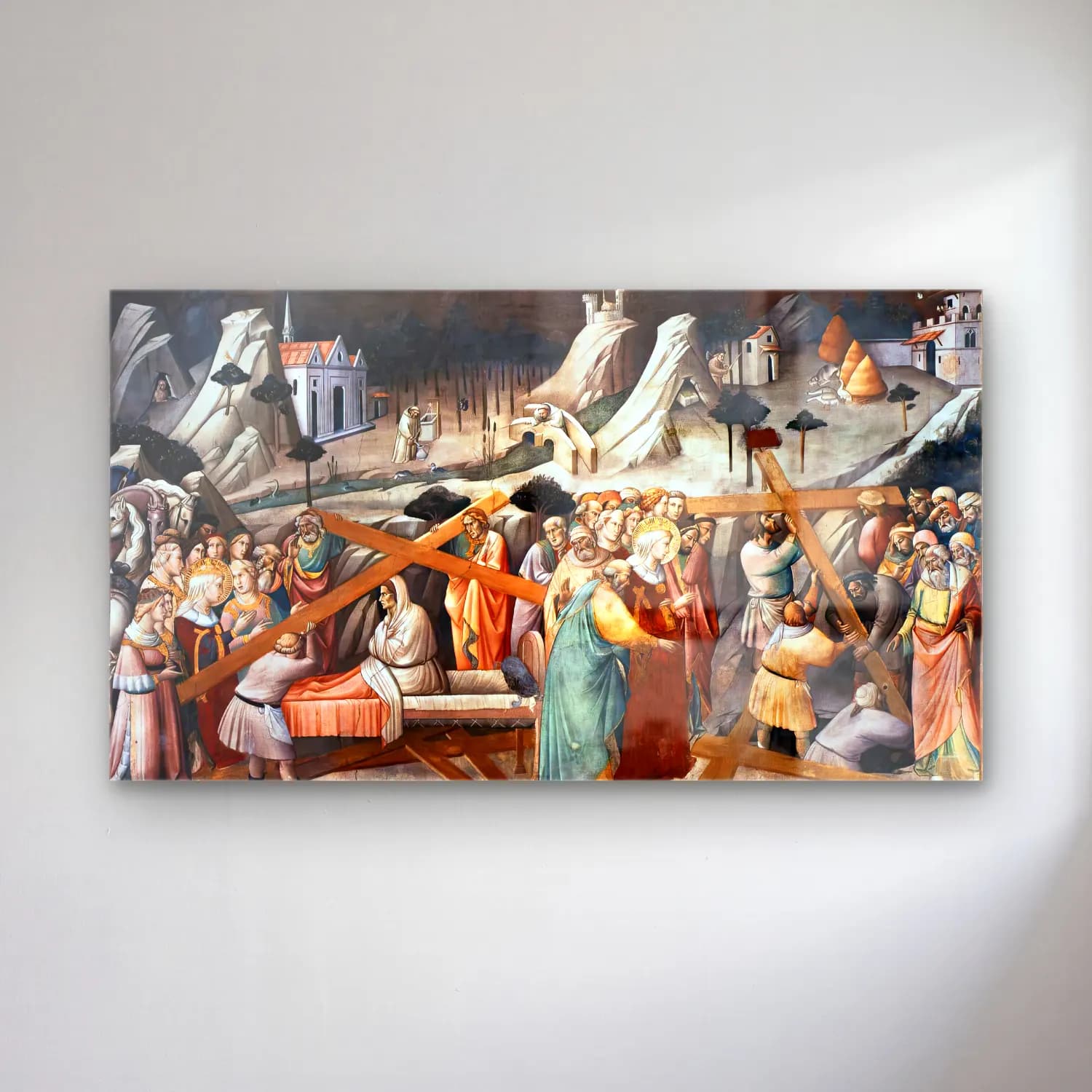 Agnolo Gaddi – Retrieval and Trial of the Three Crosses cam tablo — Agnolo Gaddi – Retrieval and Trial of the Three Crosses — yağlı boya dini sahne