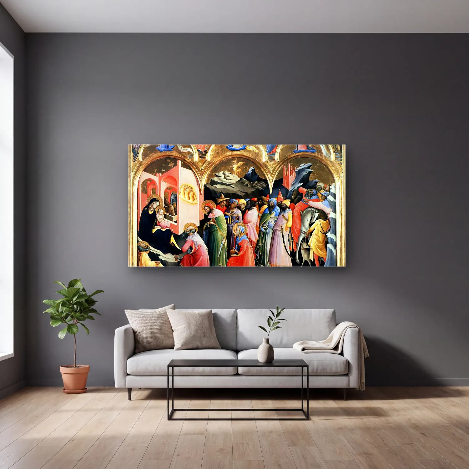 Lorenzo Monaco – Adoration of the Magi cam tablo — gri duvarlı salonda
