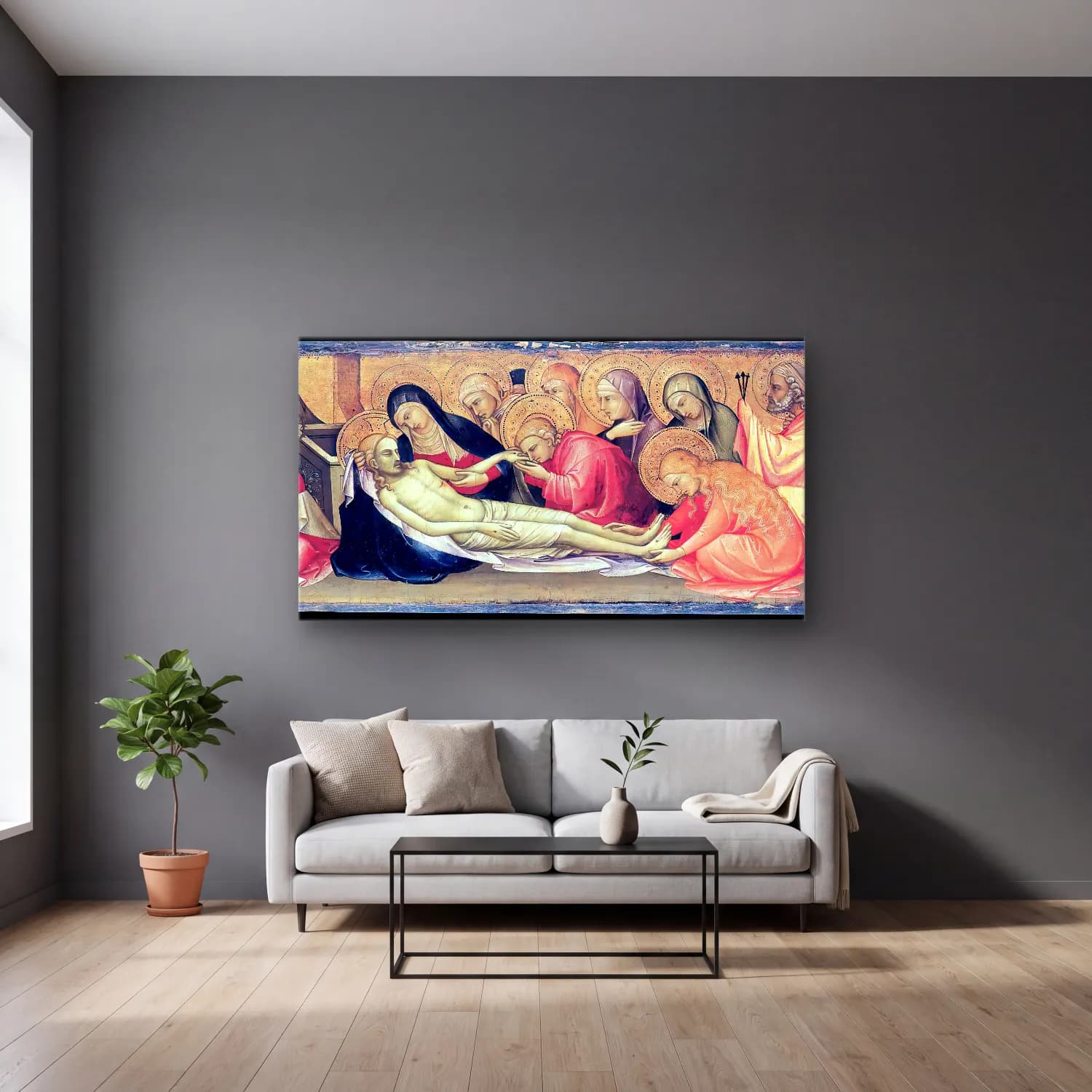 Lorenzo Monaco – Lamentation over the Dead Christ cam tablo — gri duvarlı salonda