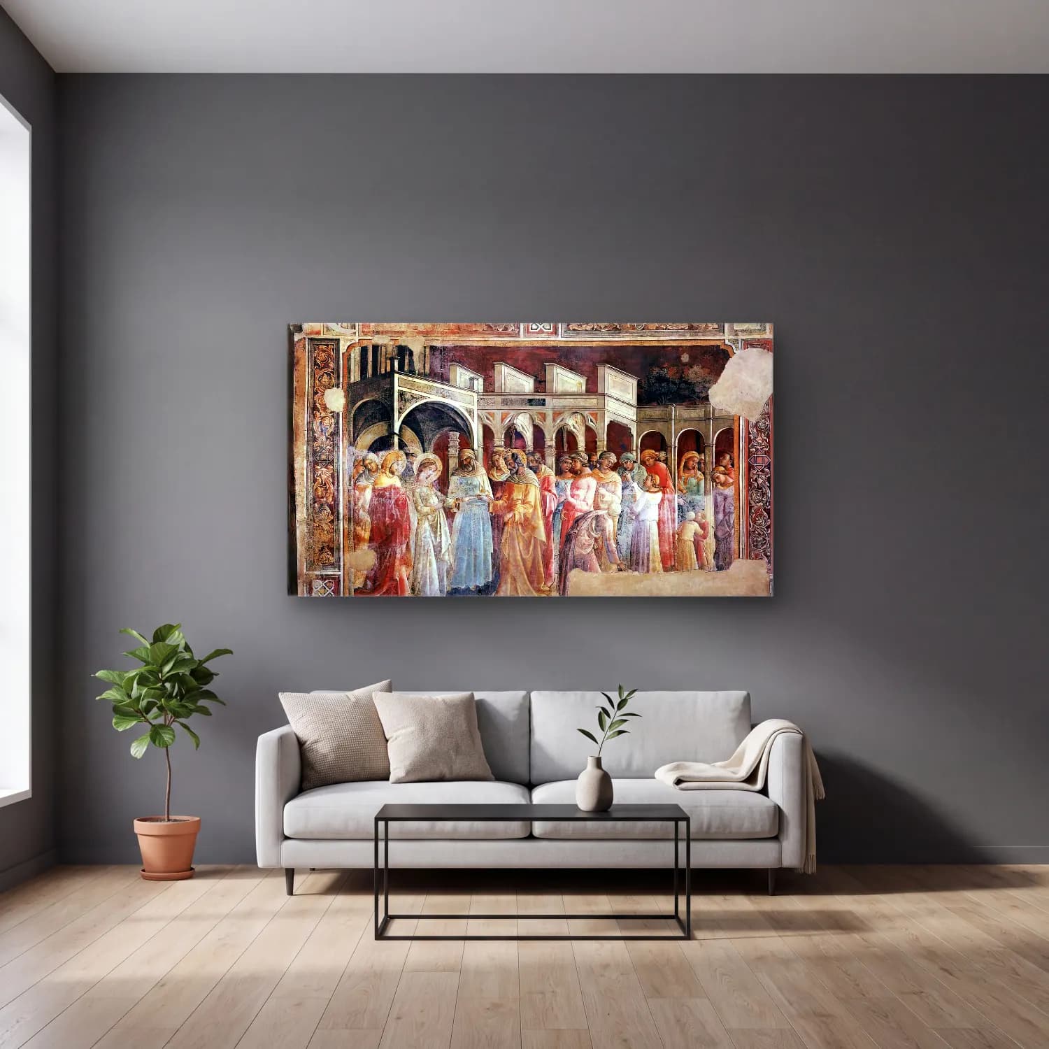 Lorenzo Monaco – Marriage of the Virgin cam tablo — gri duvarlı salonda