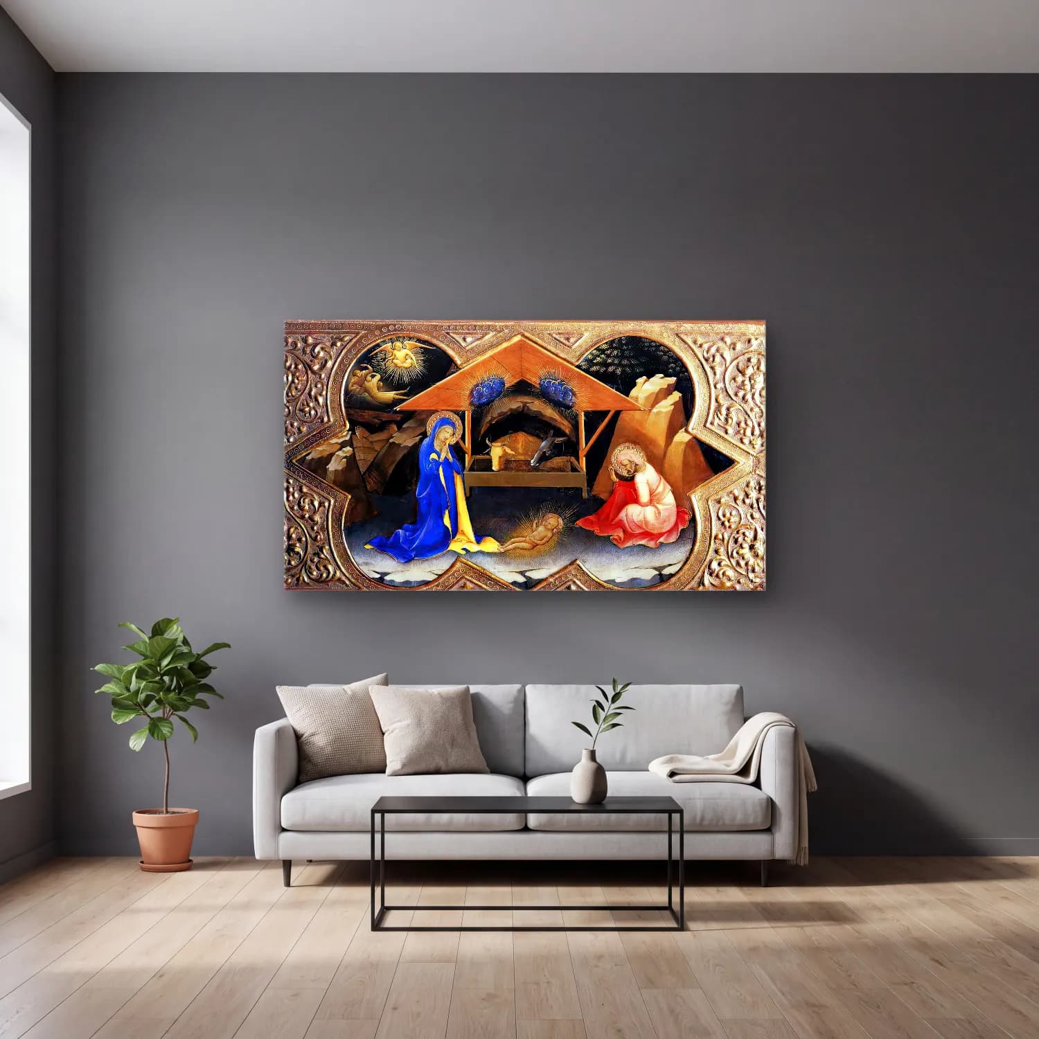 Lorenzo Monaco – Nativity cam tablo — gri duvarlı salonda