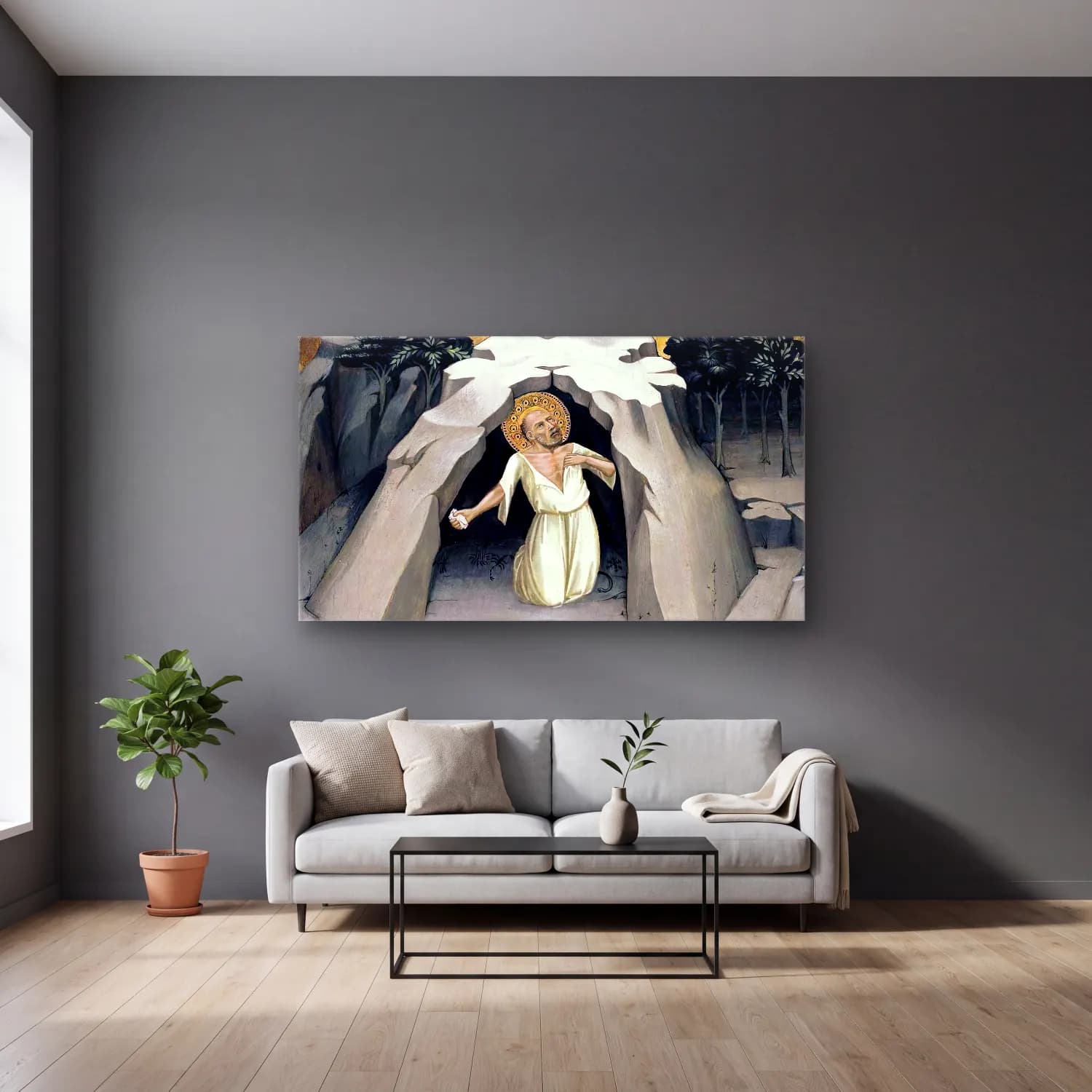 Lorenzo Monaco – St Jerome in the Wilderness cam tablo — gri duvarlı salonda