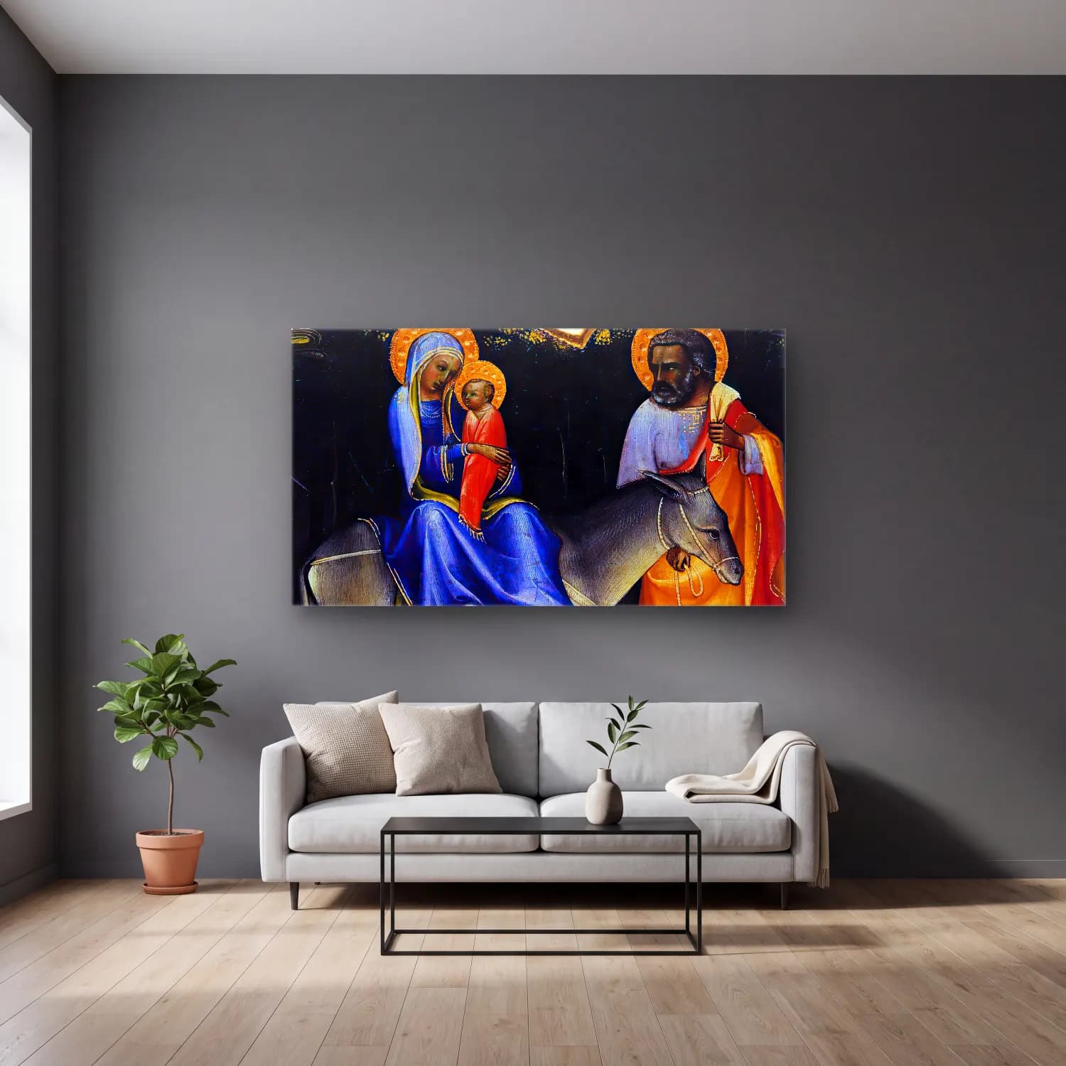 Lorenzo Monaco – The Flight into Egypt (detail) cam tablo — gri duvarlı salonda