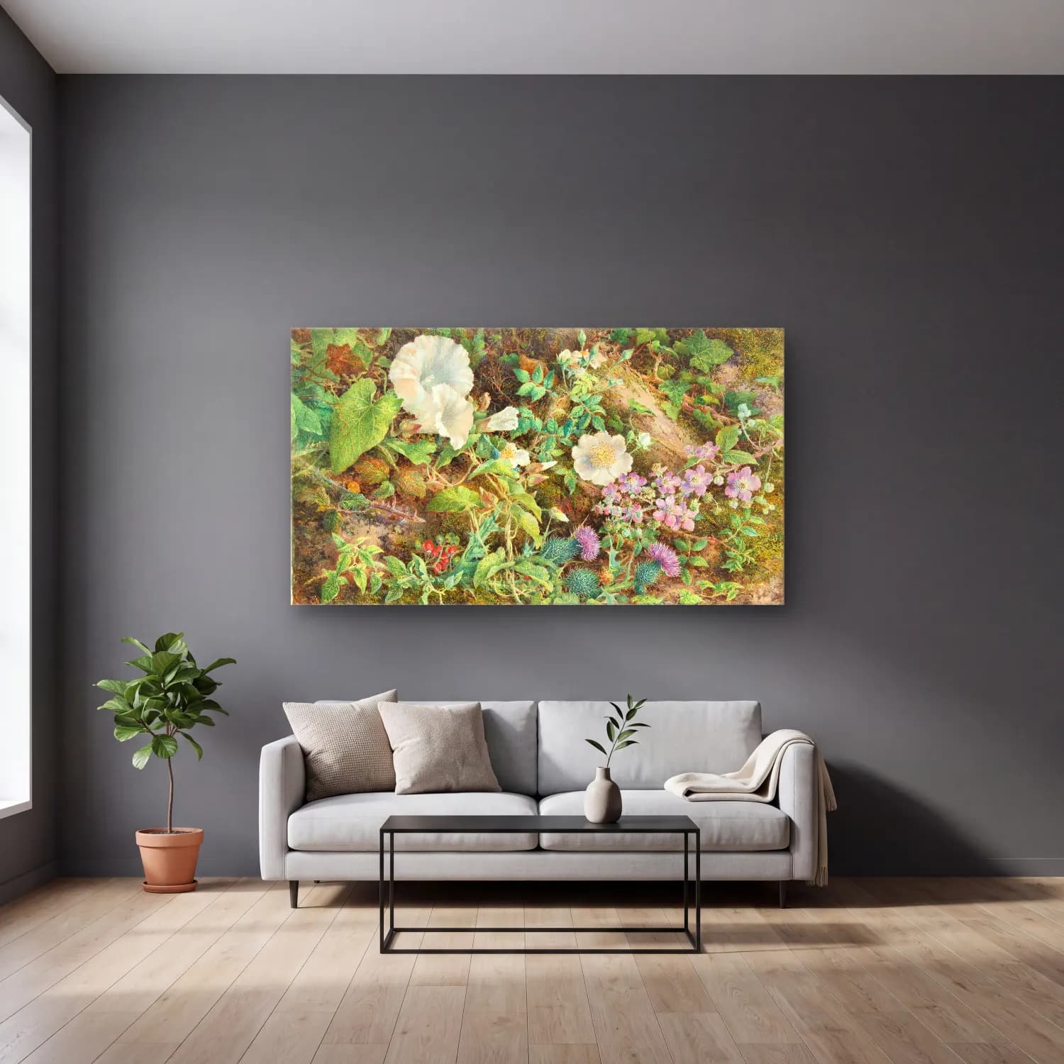 William Henry Hunt – Flower Study cam tablo — gri duvarlı salonda
