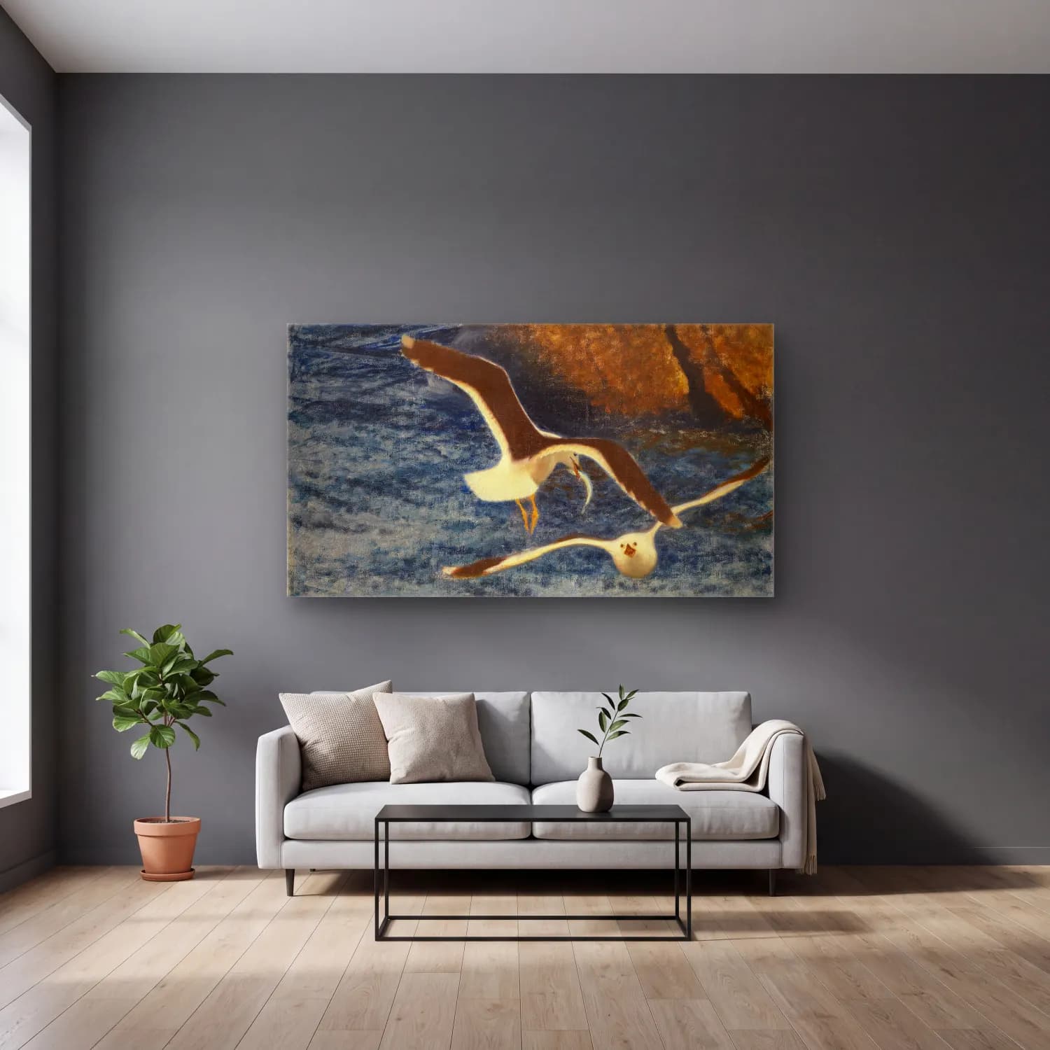 Bruno Liljefors – Lesser Black-backed Gulls Flying cam tablo — gri duvarlı salonda