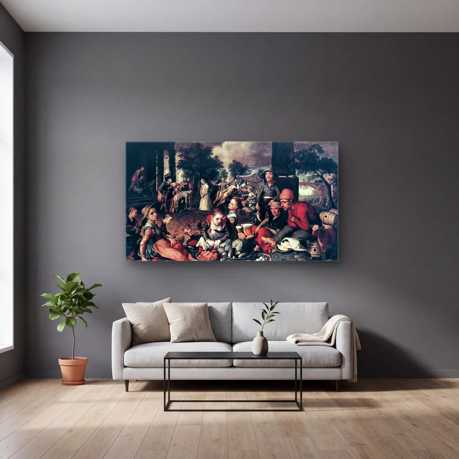 Pieter Aertsen – Christ and the Adulteress cam tablo — gri duvarlı salonda