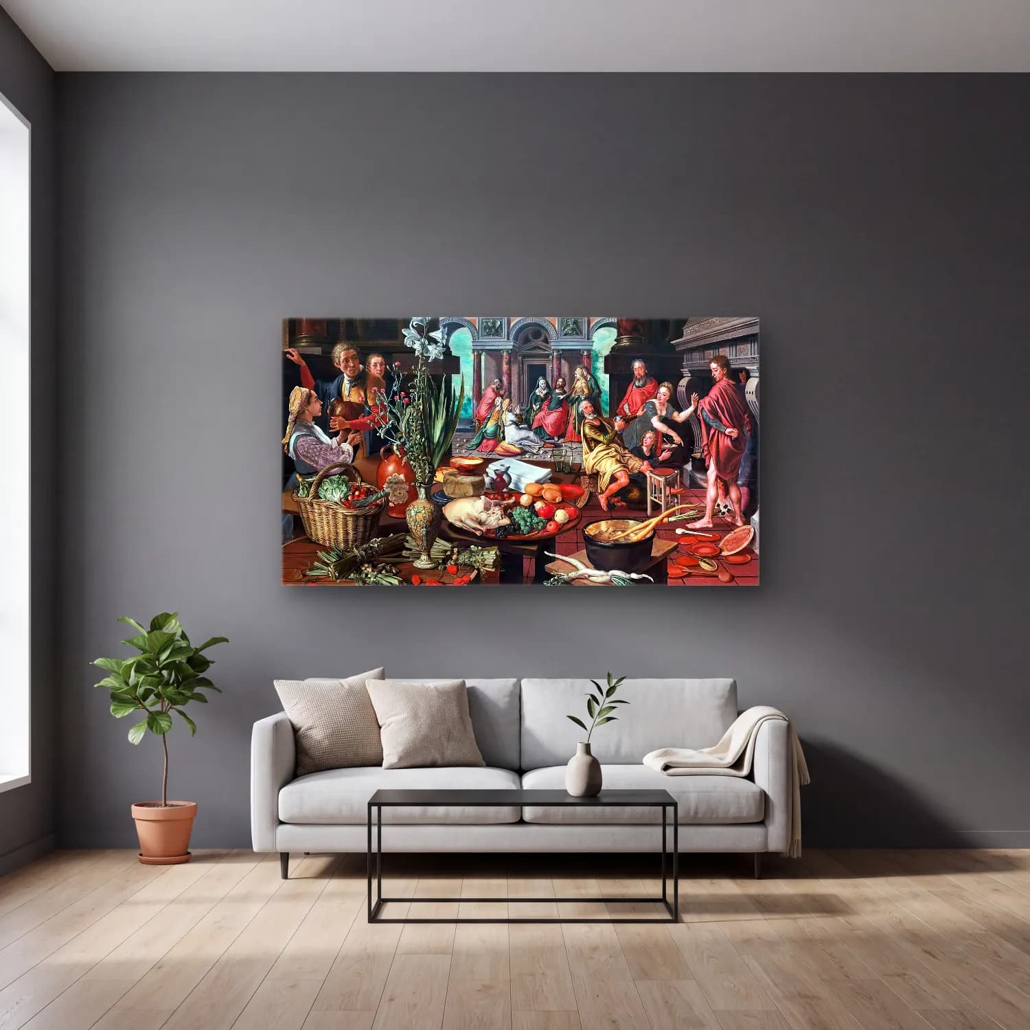 Pieter Aertsen – Christ in the House of Martha and Mary cam tablo — gri duvarlı salonda