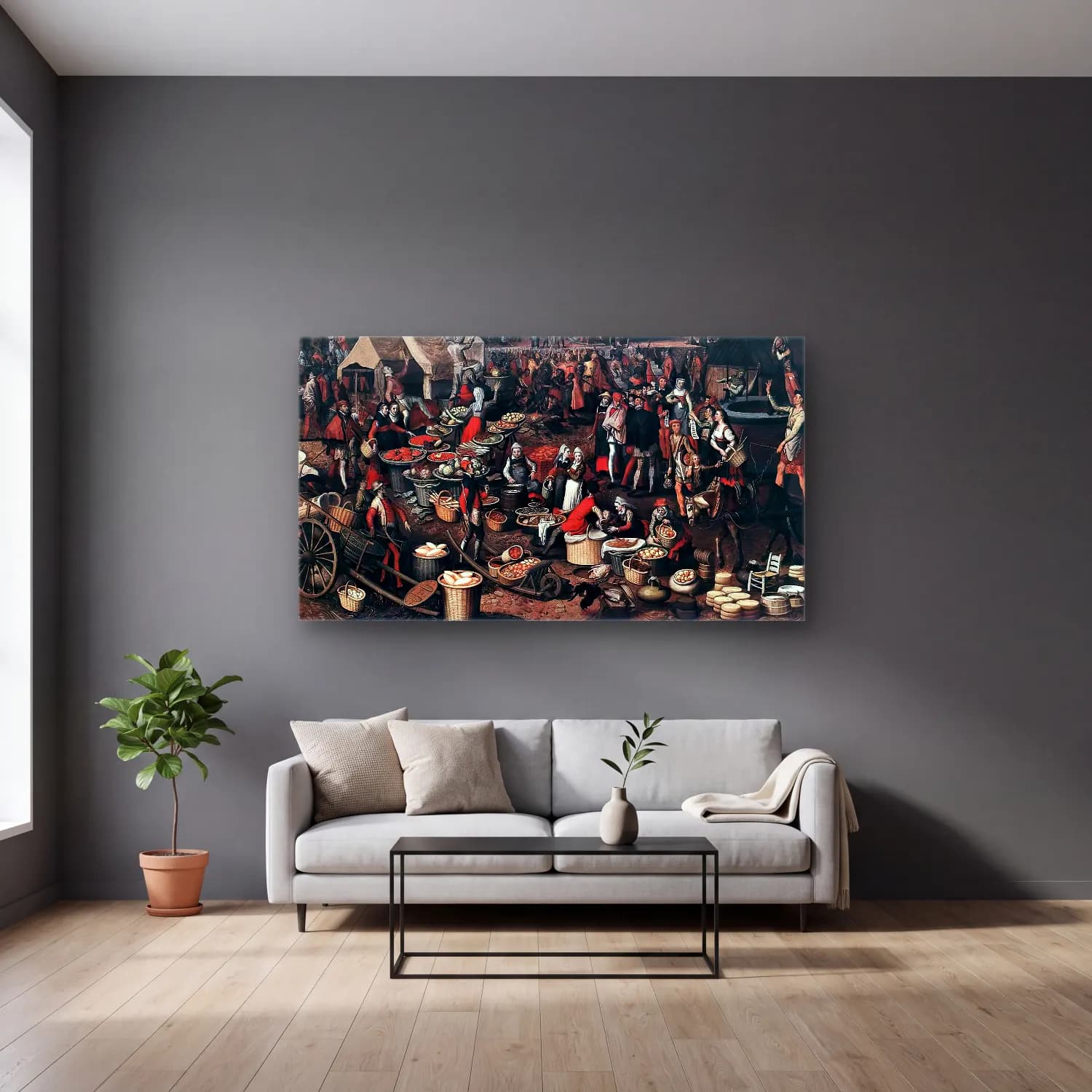 Pieter Aertsen – Market Scene – Siyah Beyaz Tonlar cam tablo — gri duvarlı salonda