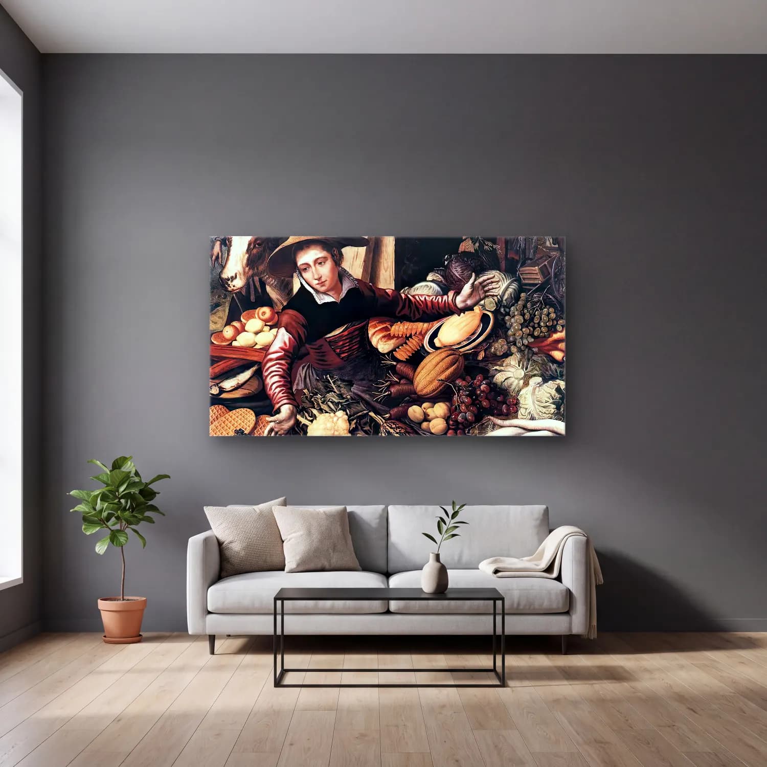 Pieter Aertsen – Market Woman with Vegetable Stall cam tablo — gri duvarlı salonda