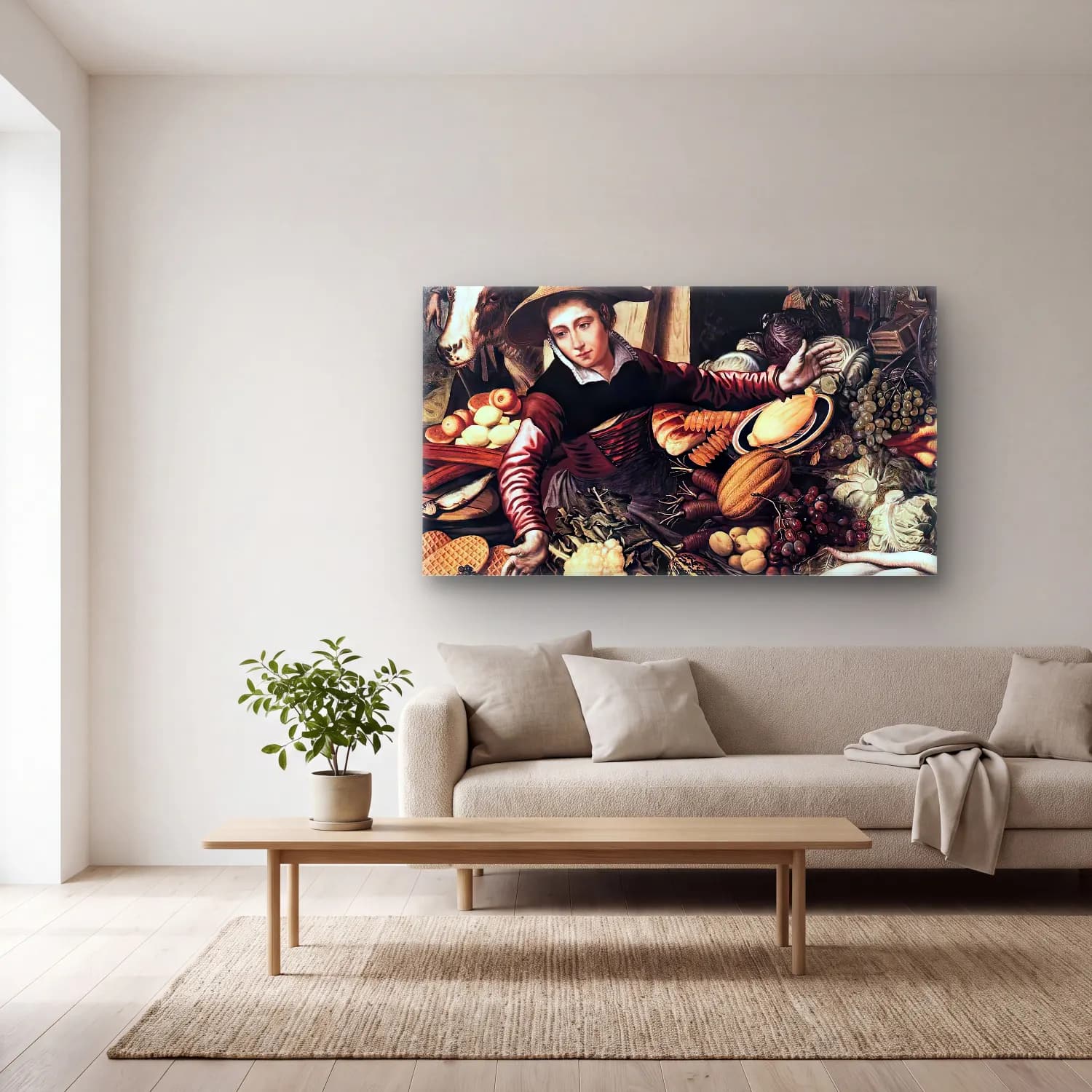 Pieter Aertsen – Market Woman with Vegetable Stall cam tablo — açık renk salonda