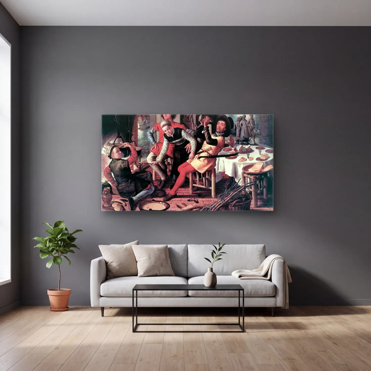 Pieter Aertsen – Peasants by the Hearth cam tablo — gri duvarlı salonda