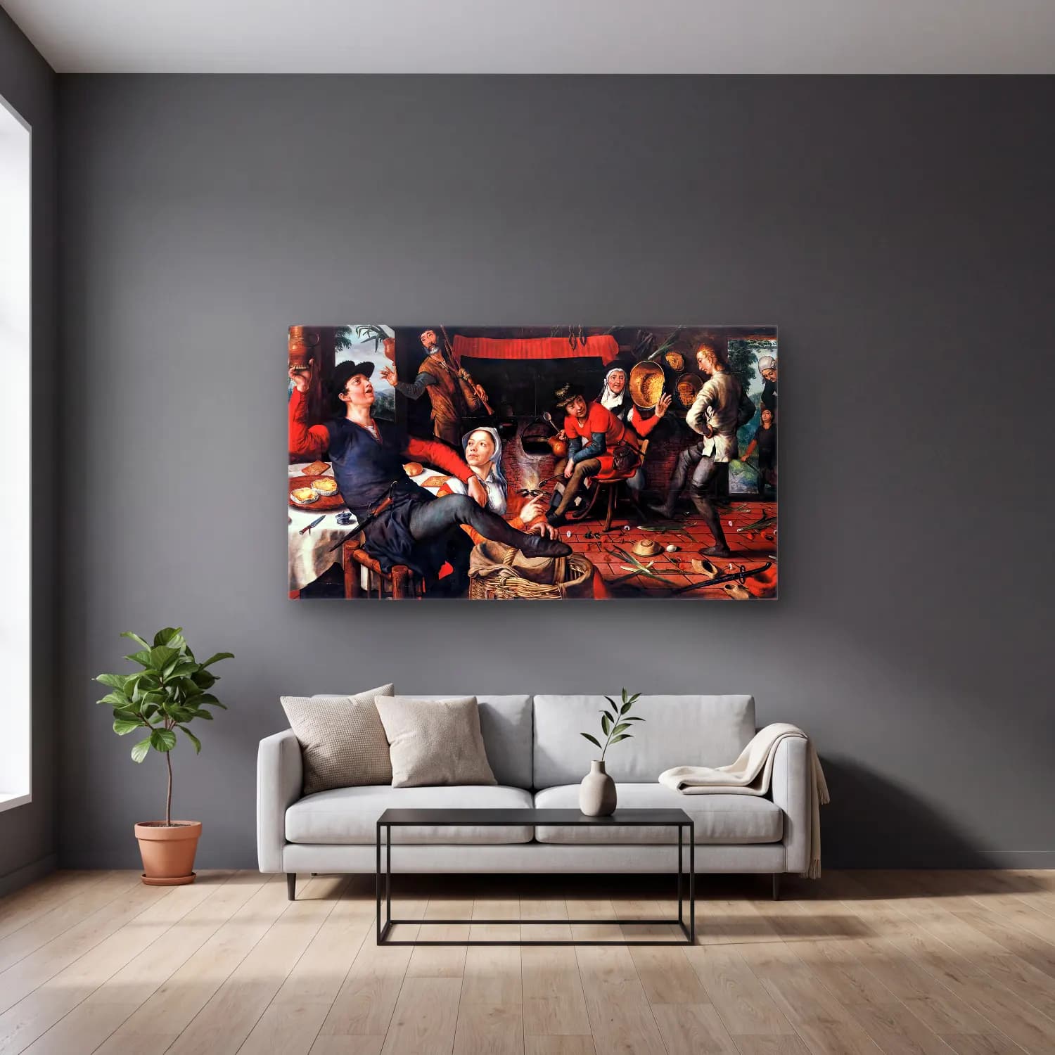 Pieter Aertsen – The Egg Dance – Siyah Beyaz Tonlar cam tablo — gri duvarlı salonda