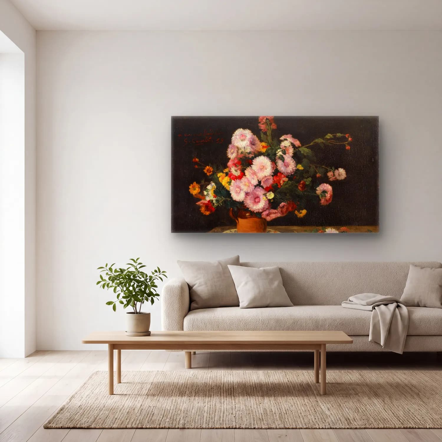Gustave Courbet – Bouquet Of Asters cam tablo — açık renk salonda