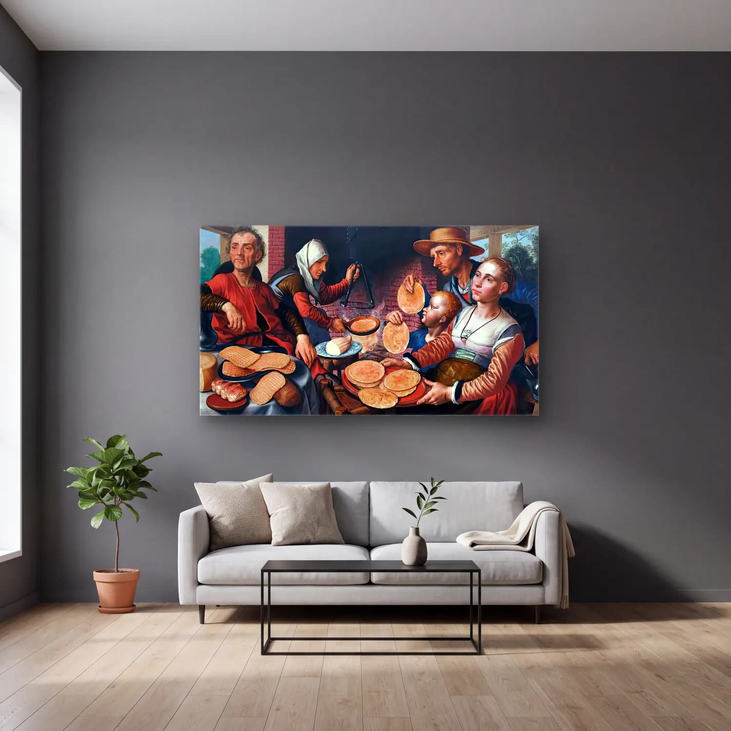 Pieter Aertsen – The Pancake Bakery cam tablo — gri duvarlı salonda