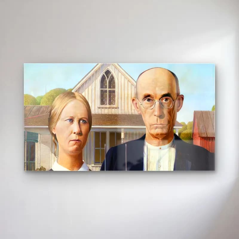 Grant Wood – American Gothic – Siyah Beyaz Tonlar cam tablo — Grant Wood – American Gothic – Siyah Beyaz Tonlar — yağlı boya katedral
