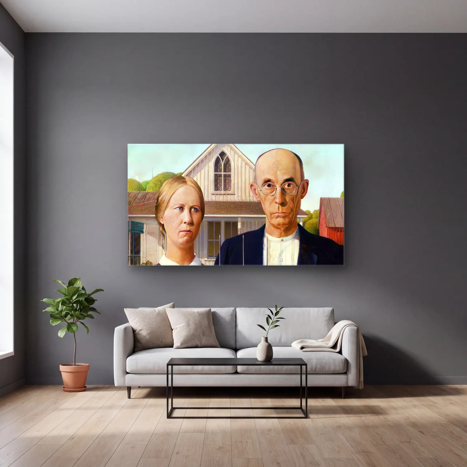 Grant Wood – American Gothic – Siyah Beyaz Tonlar cam tablo — gri duvarlı salonda