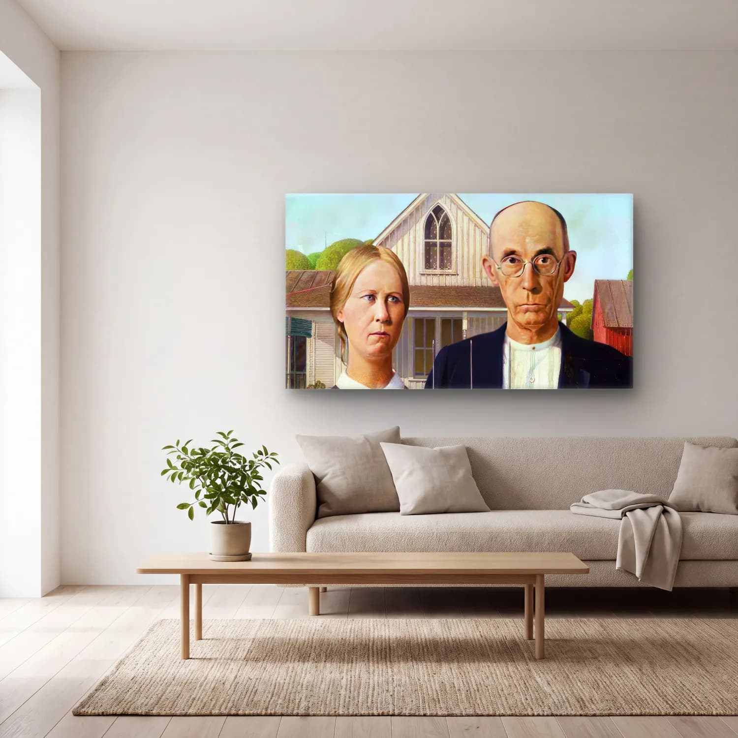 Grant Wood – American Gothic – Siyah Beyaz Tonlar cam tablo — açık renk salonda