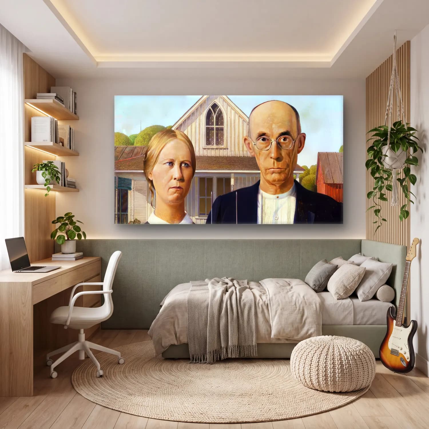 Grant Wood – American Gothic – Siyah Beyaz Tonlar cam tablo — genç odasında