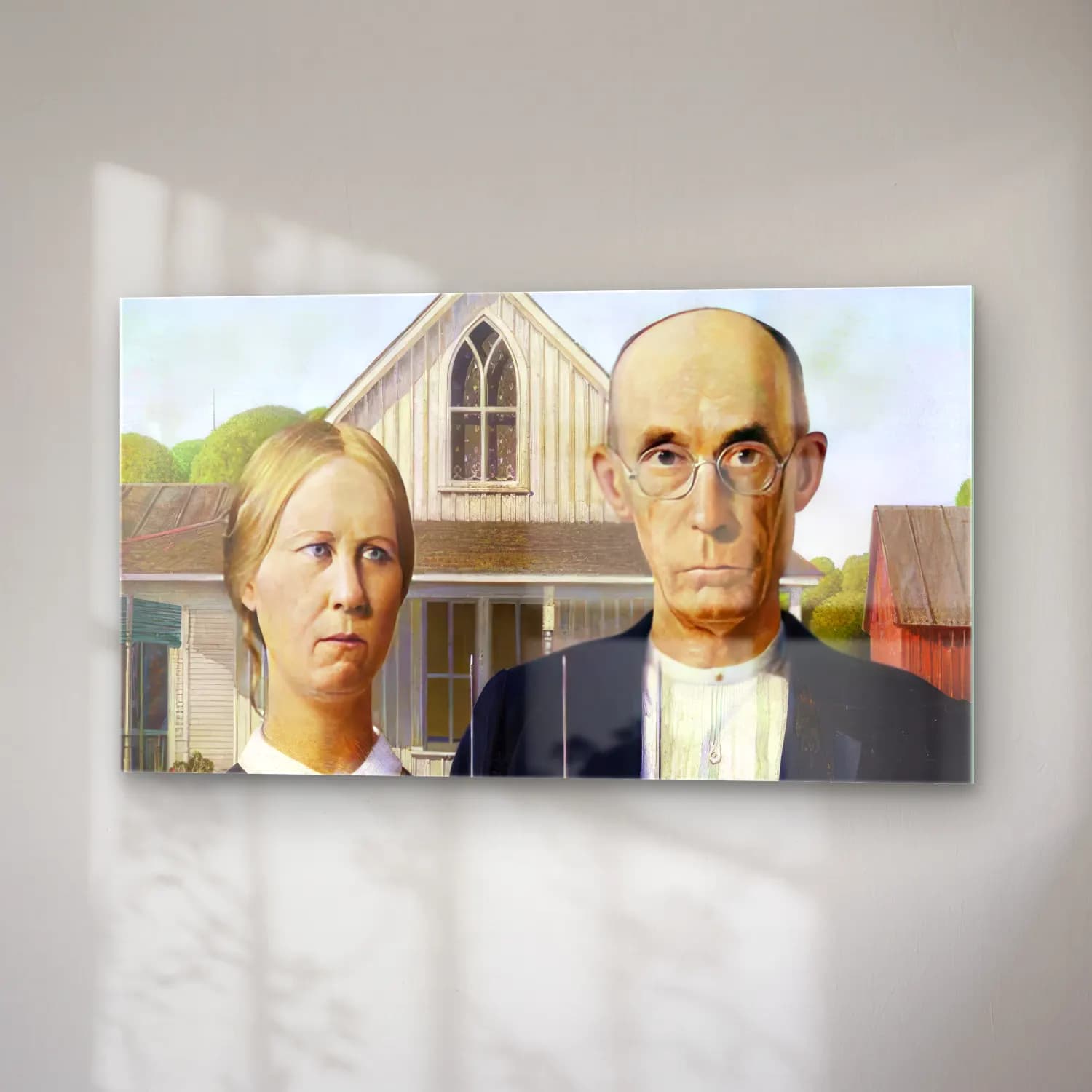 Grant Wood – American Gothic – Siyah Beyaz Tonlar cam tablo — sağ açıdan görünüm