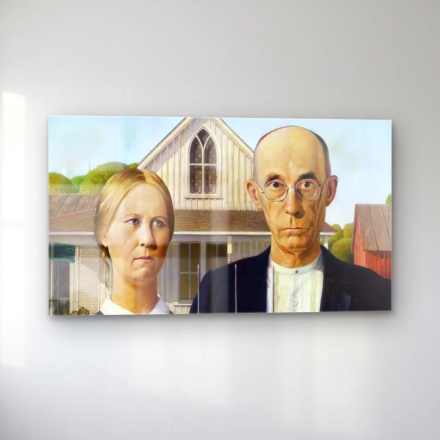 Grant Wood – American Gothic – Siyah Beyaz Tonlar cam tablo — sol açıdan görünüm