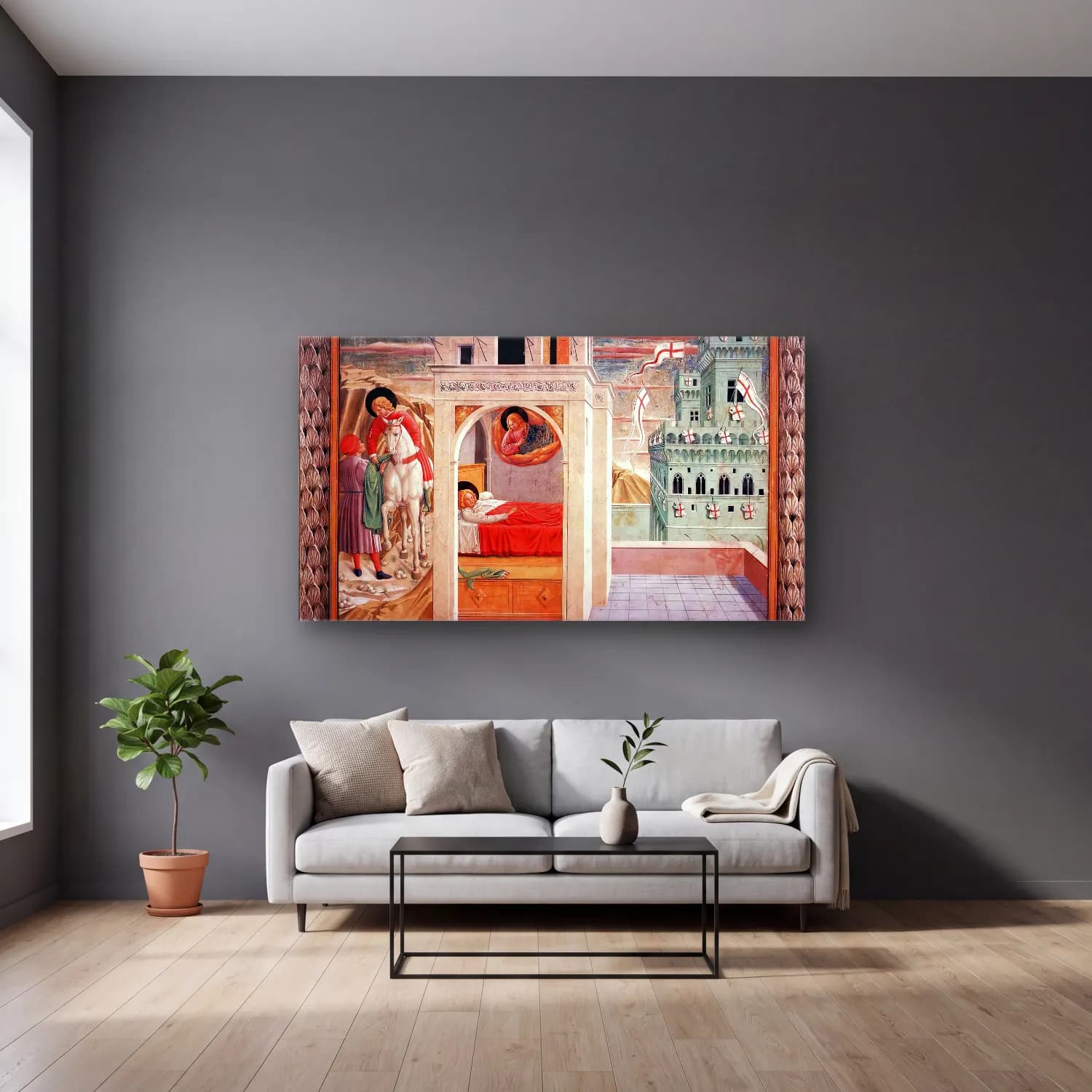 Benozzo Gozzoli – Scenes from the Life of St Francis (Scene 2, north wall) cam tablo — gri duvarlı salonda