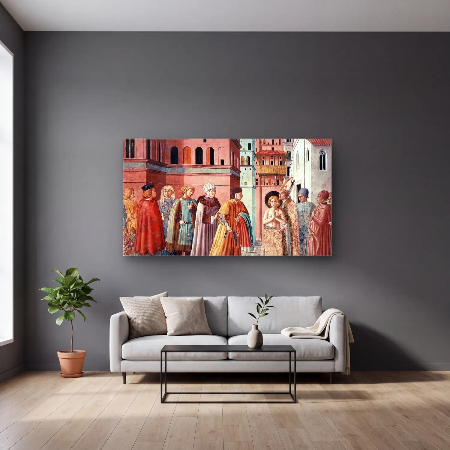 Benozzo Gozzoli – Scenes from the Life of St Francis (Scene 3, south wall) cam tablo — gri duvarlı salonda