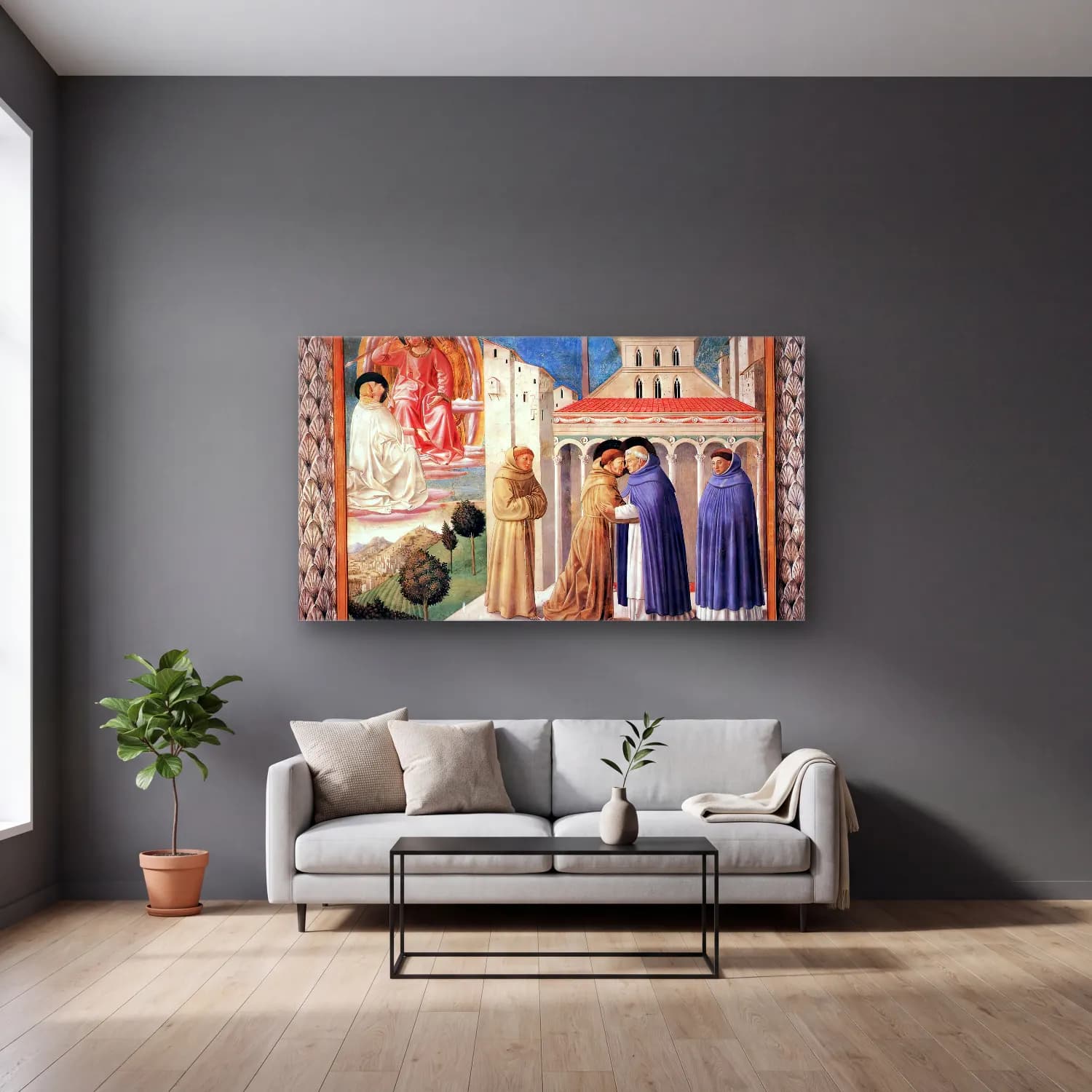 Benozzo Gozzoli – Scenes from the Life of St Francis (Scene 4, south wall) cam tablo — gri duvarlı salonda