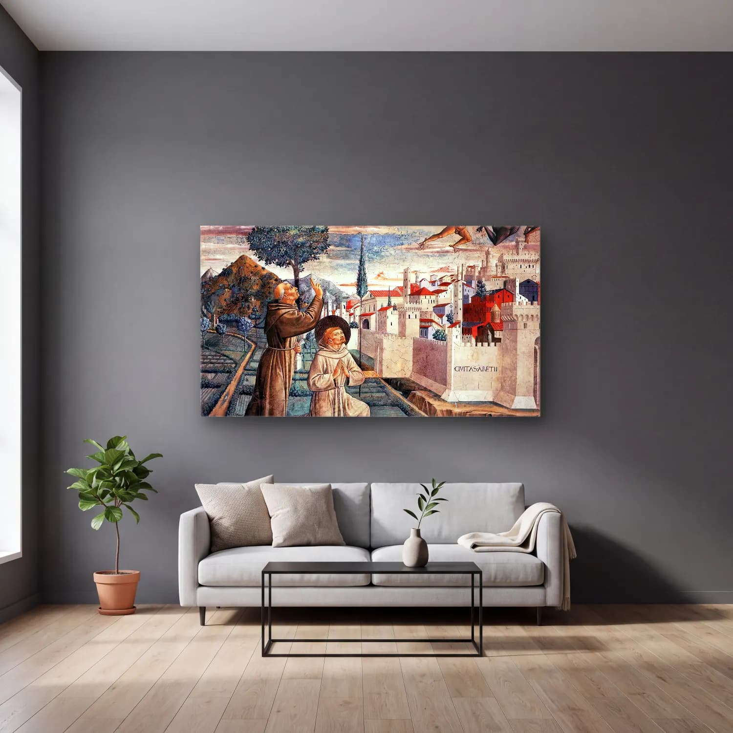 Benozzo Gozzoli – Scenes from the Life of St Francis (Scene 6, north wall) cam tablo — gri duvarlı salonda