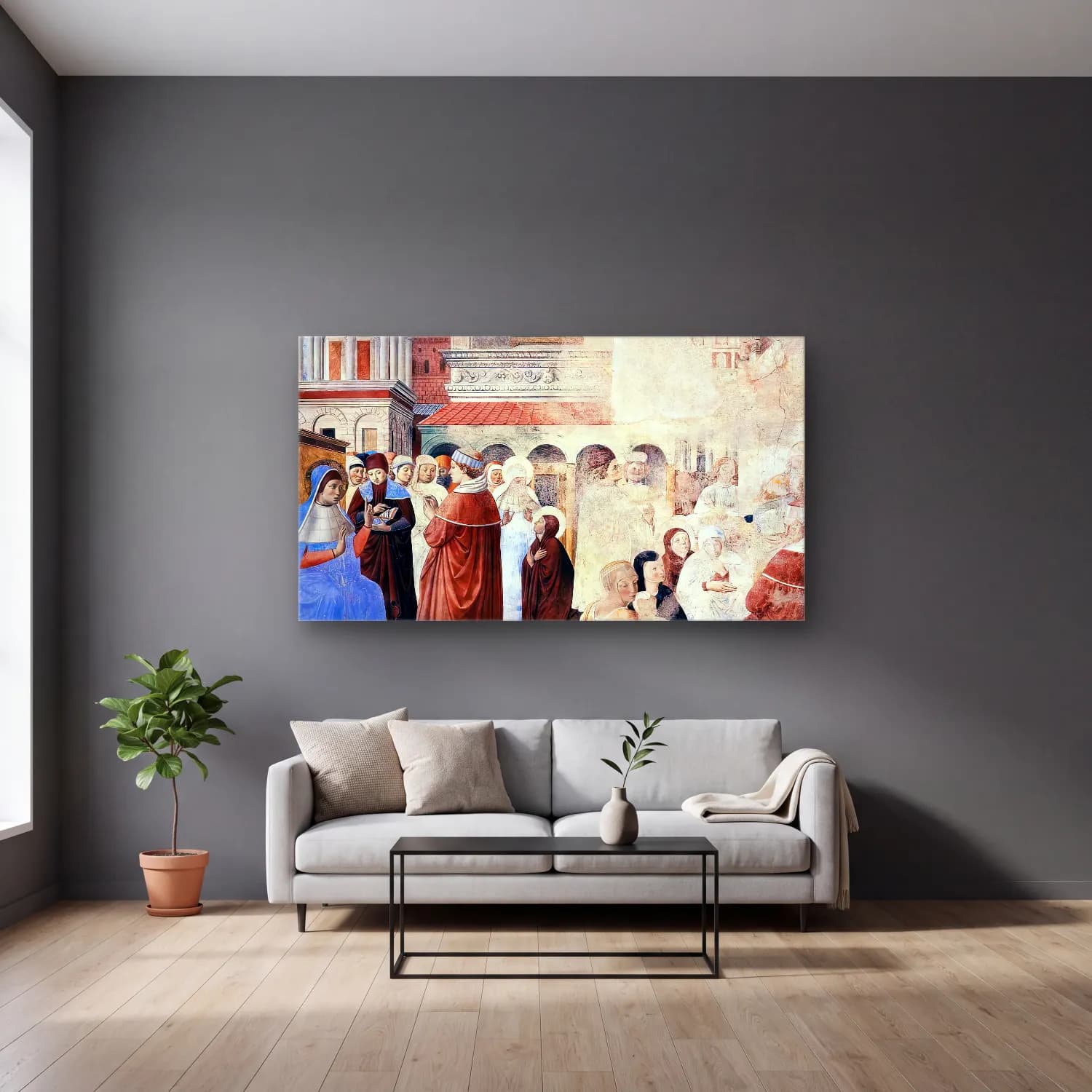 Benozzo Gozzoli – Scenes with St Ambrose (scene 9, north wall) cam tablo — gri duvarlı salonda