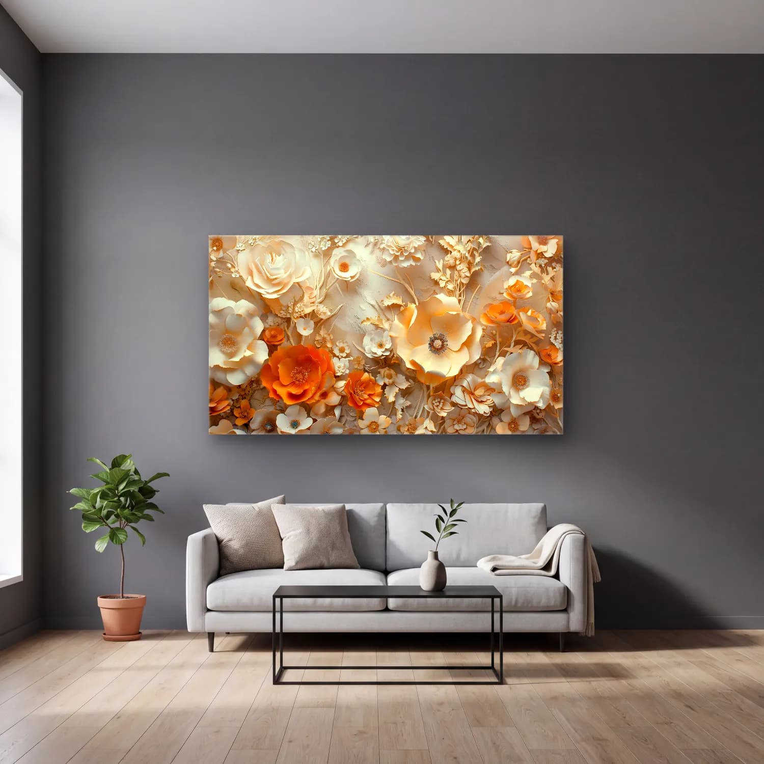 Pastel Çiçek Deseni No. 35 cam tablo — gri duvarlı salonda