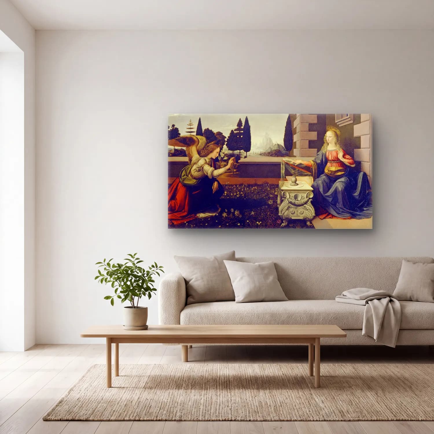 Leonardo da Vinci – Annunciation cam tablo — açık renk salonda