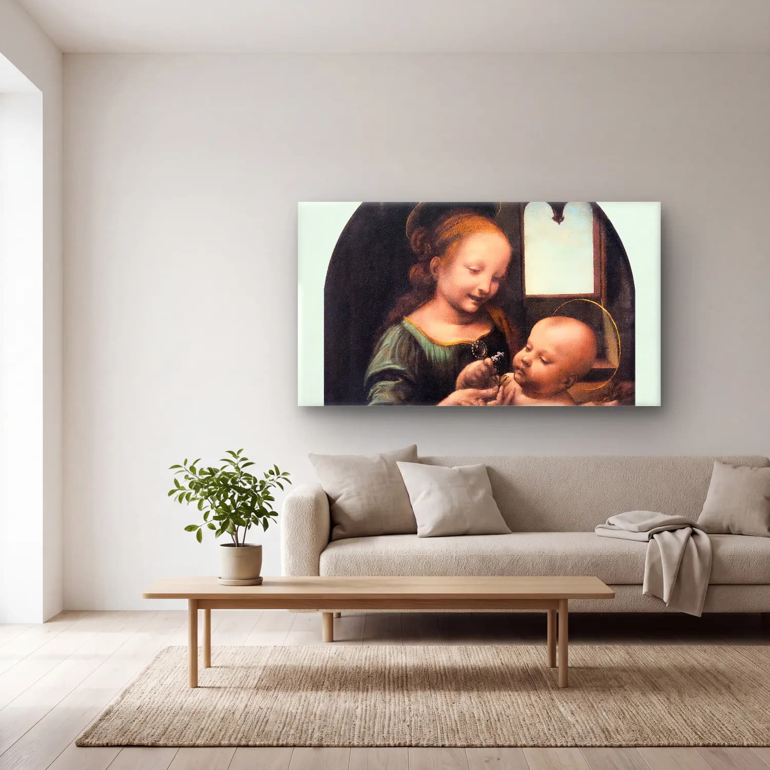 Leonardo da Vinci – Benois Madonna cam tablo — açık renk salonda