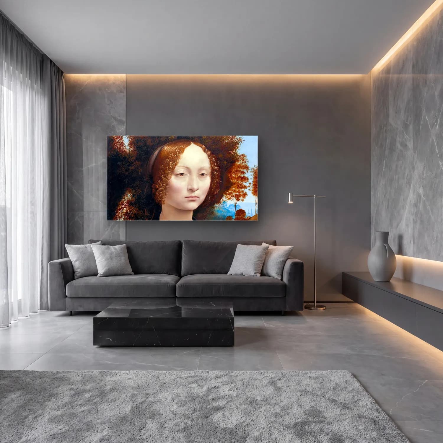 Leonardo da Vinci – Ginevra de Benci cam tablo — lüks salon duvarında