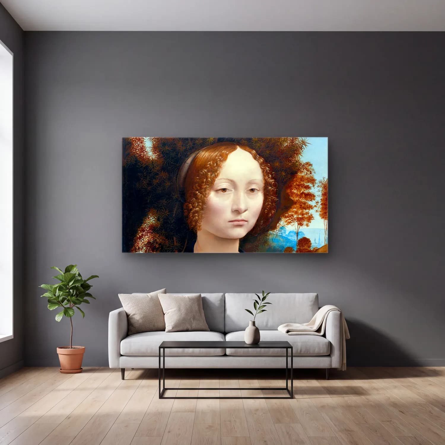 Leonardo da Vinci – Ginevra de Benci cam tablo — gri duvarlı salonda