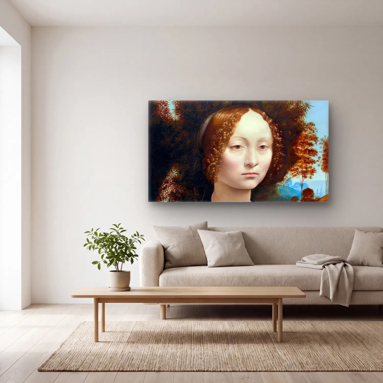 Leonardo da Vinci – Ginevra de Benci cam tablo — açık renk salonda