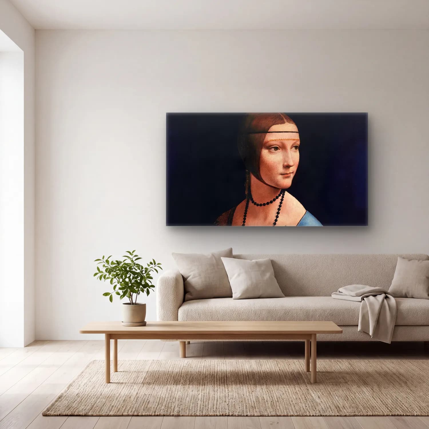 Leonardo da Vinci – Lady with an ErmineLeonardo Da Vinci cam tablo — açık renk salonda