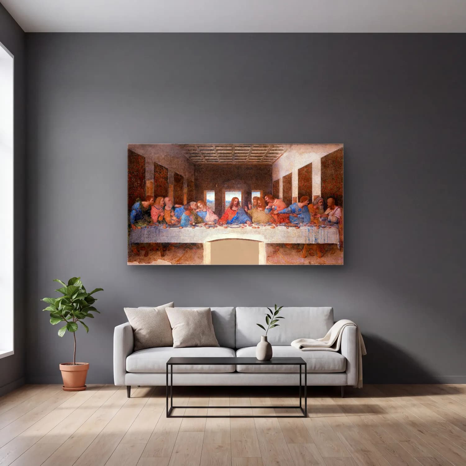 Leonardo da Vinci – Last Supper cam tablo — gri duvarlı salonda