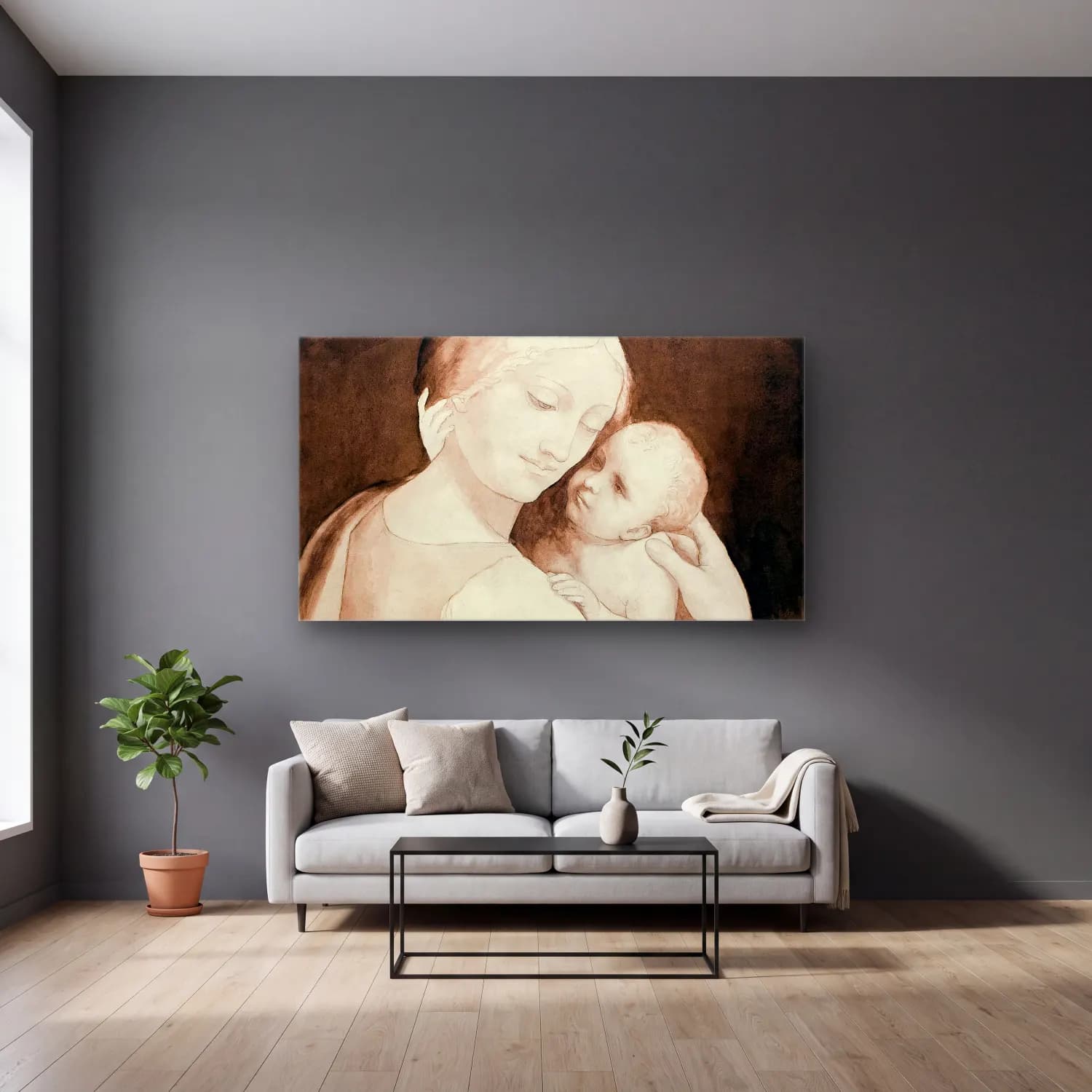 Leonardo da Vinci – Madonna and Child, and Fragment of Woman’s Torso cam tablo — gri duvarlı salonda